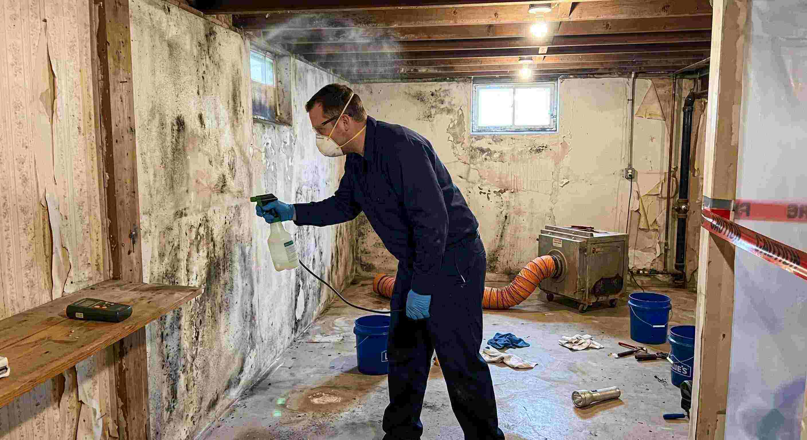 Professional technician performing antimicrobial mold treatment in a damp basement during mold remediation in a home in Reno.