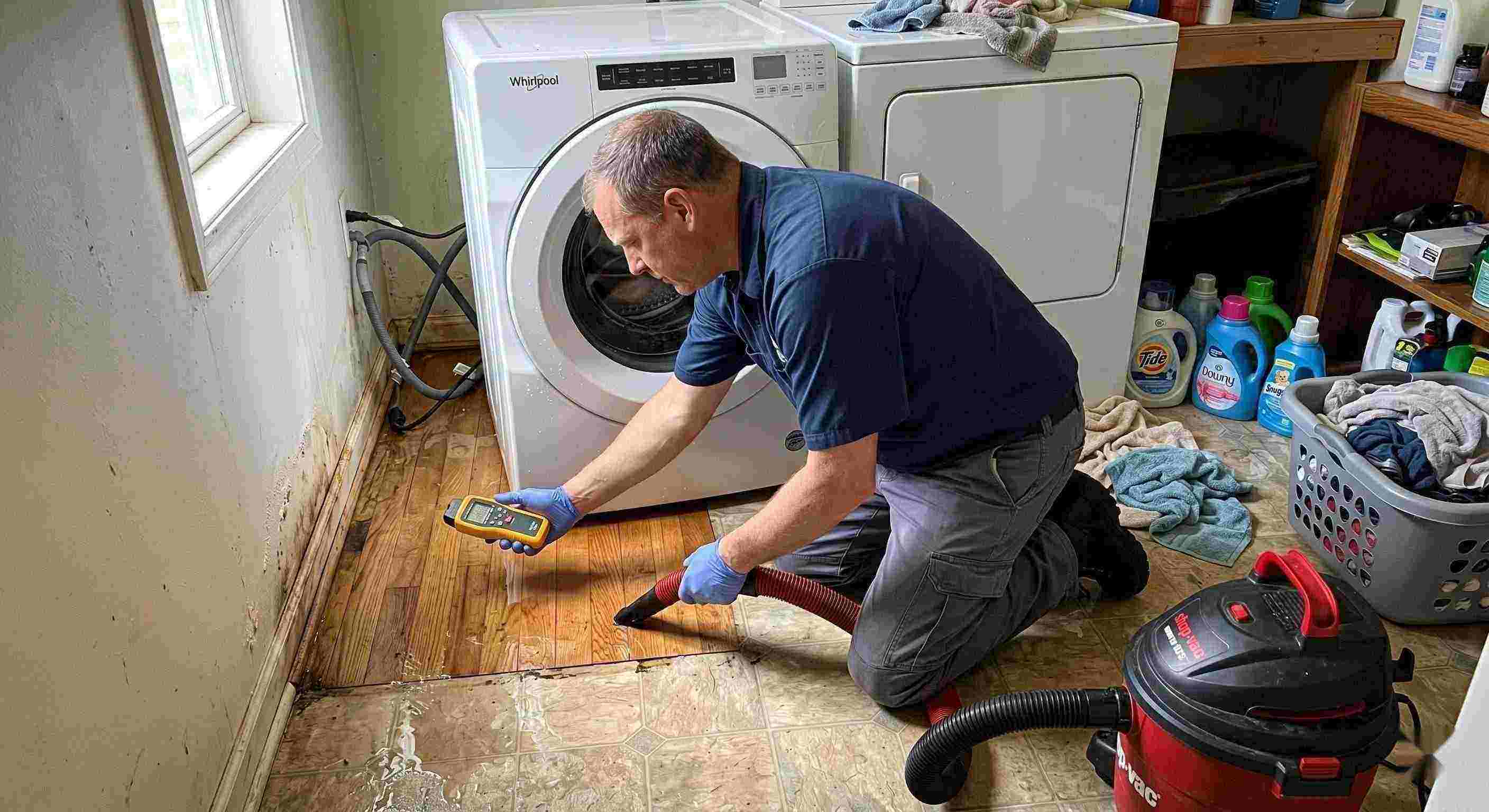Appliance leak cleanup in a home laundry area with water pooling around the washing machine, showing technicians removing water and inspecting damp floors in Reno.