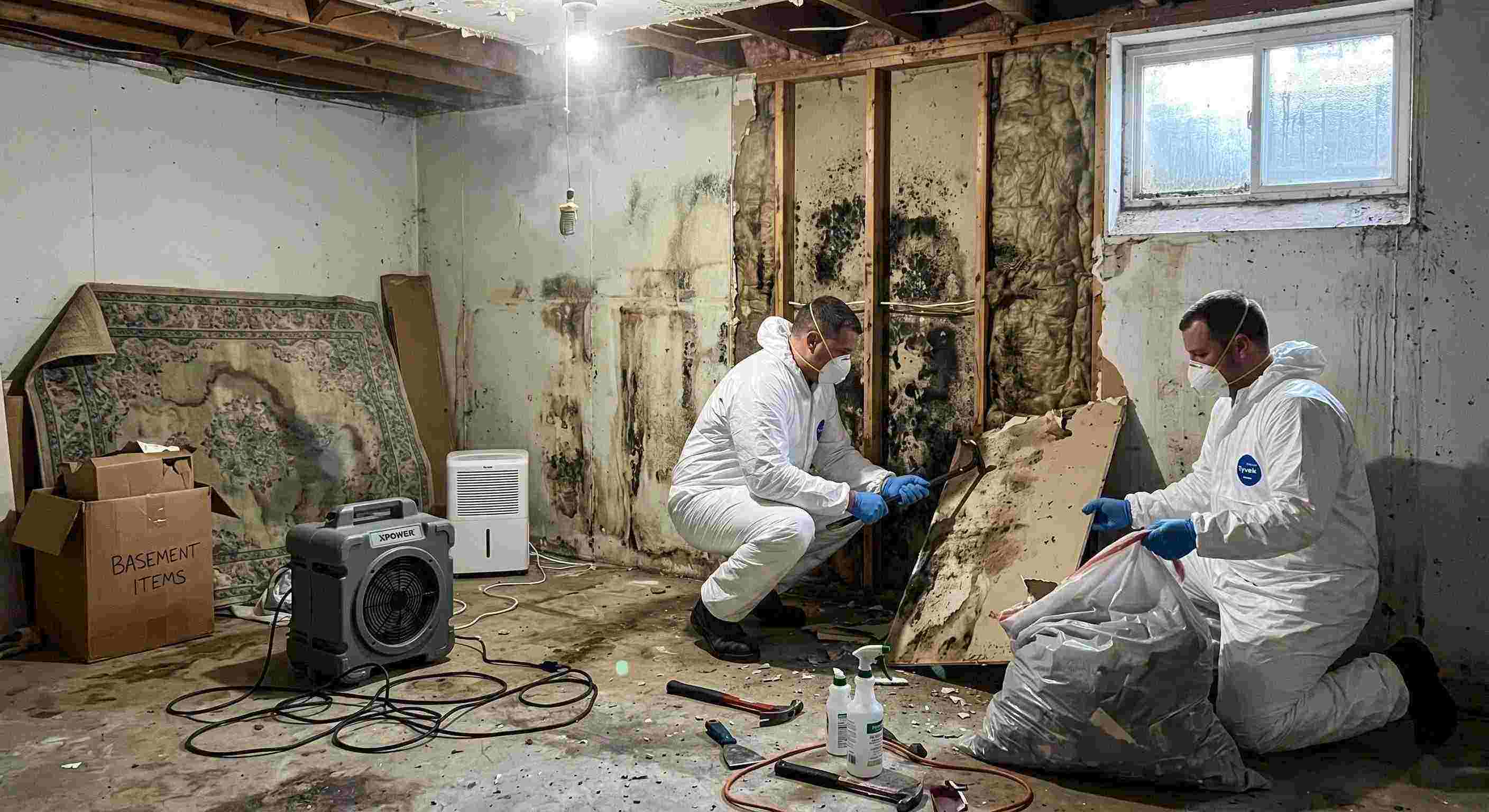 Realistic basement mold removal in a home in Reno, showing technicians safely removing black mold and using dehumidifiers and HEPA air scrubbers.