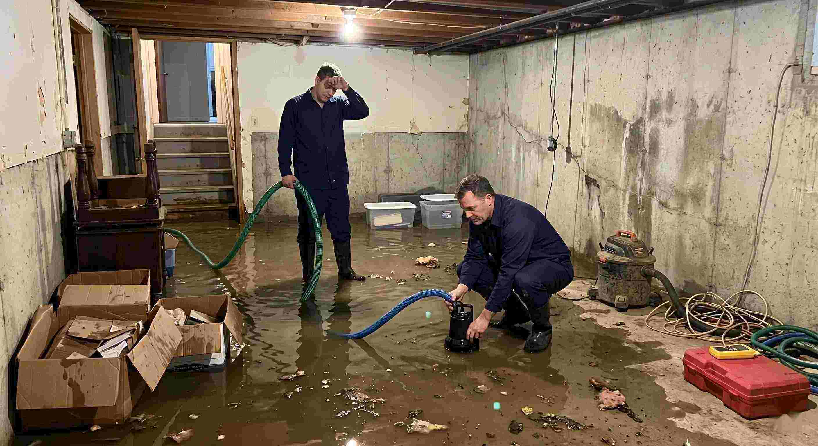 basement water removal service in Reno with technicians pumping out flooded basement