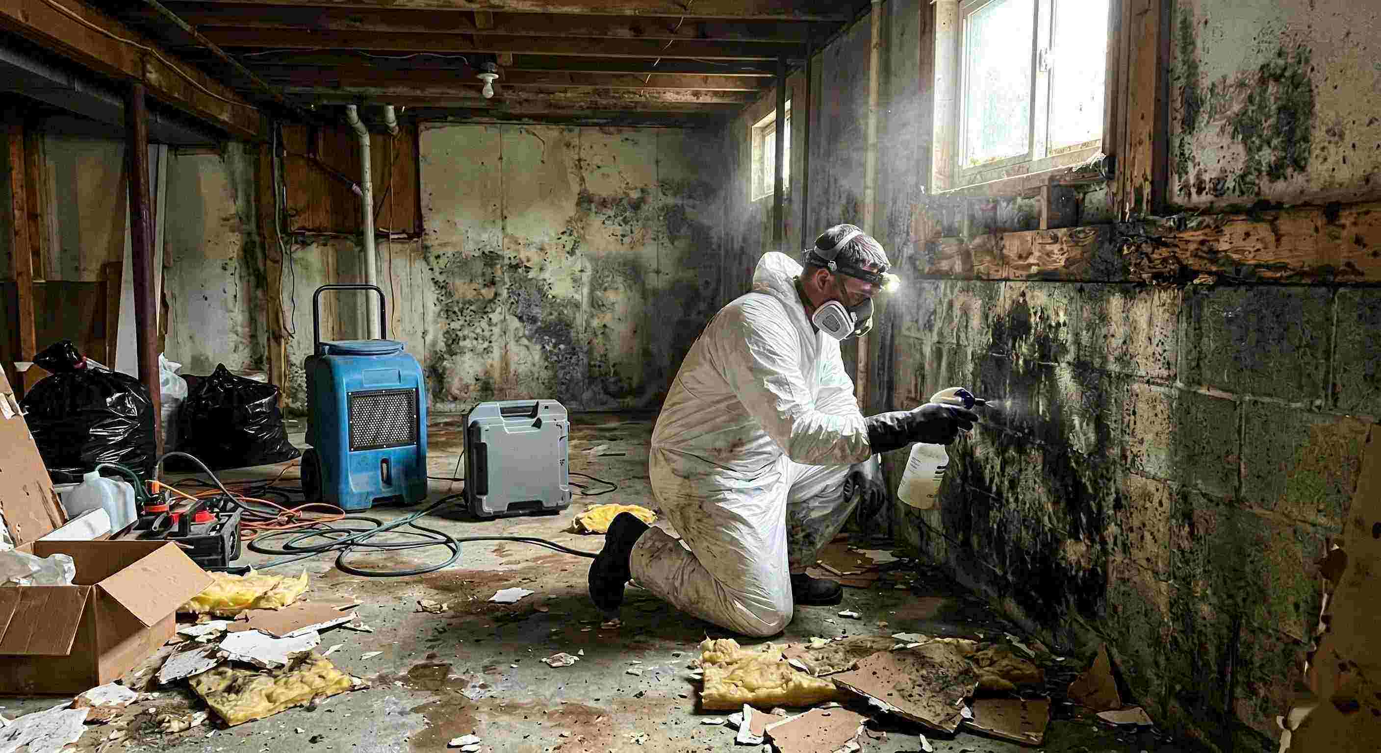 Technician performing black mold cleanup in a damp residential basement in Reno, showing removed drywall, mold patches, and remediation equipment.