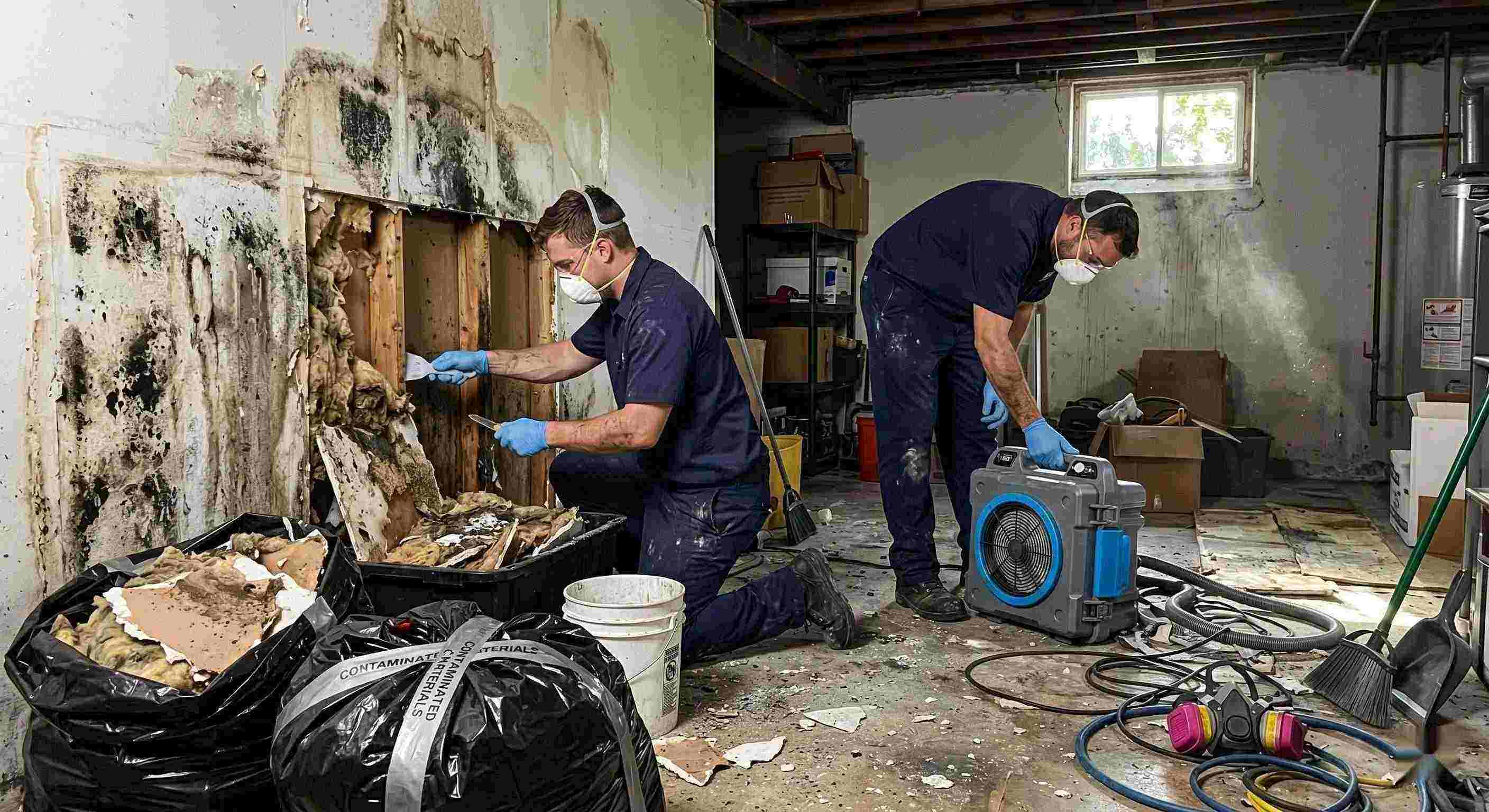 Technicians performing black mold cleanup in a damp residential basement in Reno, carefully removing contaminated drywall and insulation.