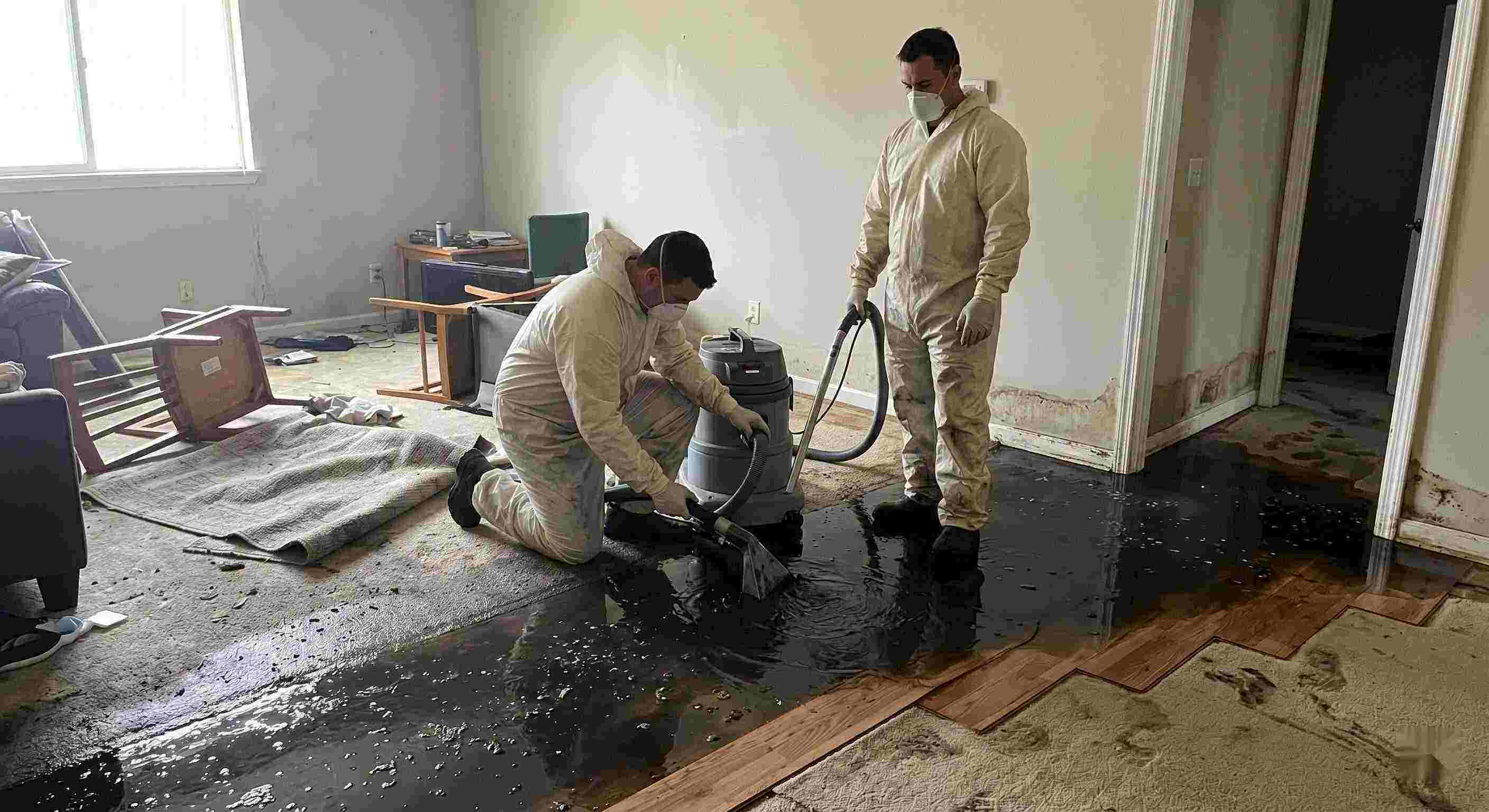 Black water removal service in Reno showing technicians extracting contaminated sewage water from flooded home interior