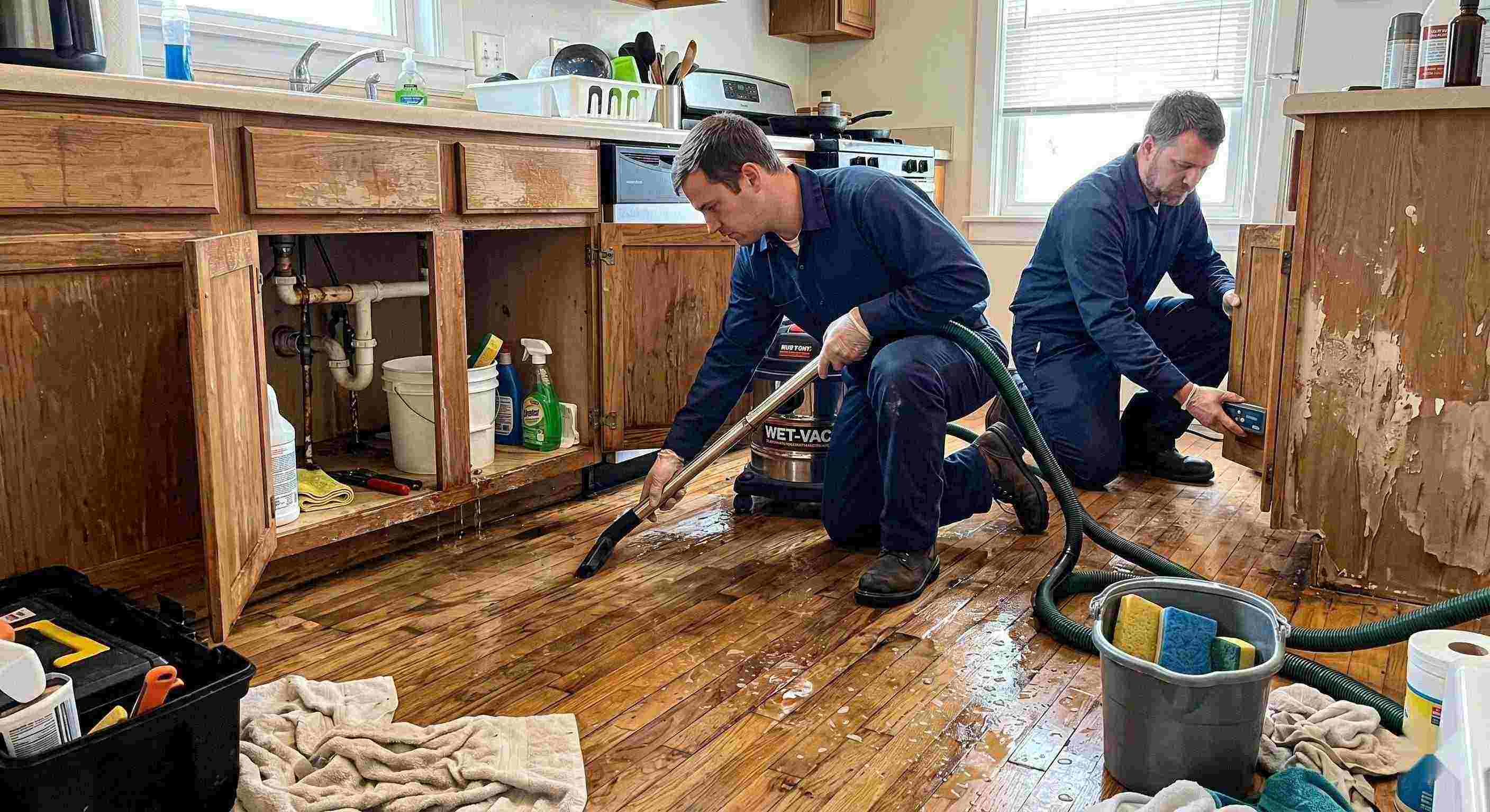 Realistic photo of technicians performing burst pipe water damage cleanup in a home in Reno, removing standing water and inspecting wet floors and walls.