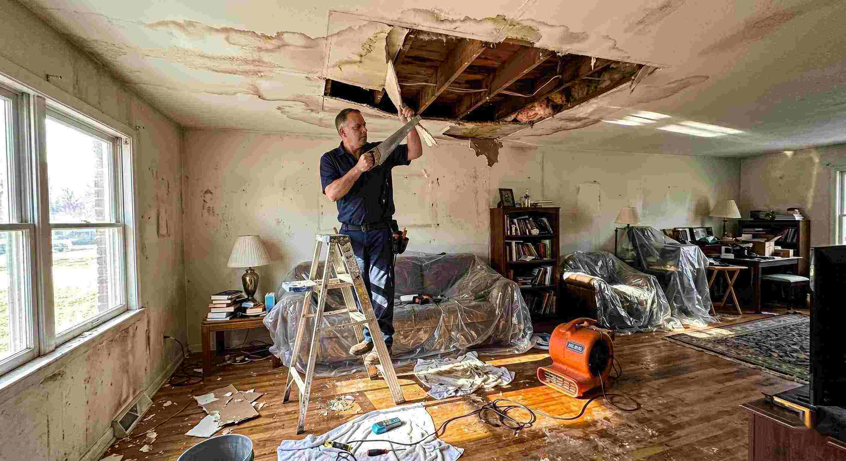 Realistic indoor scene of technicians performing ceiling leak repair in a home in Reno, showing water-damaged ceiling, tools, and drying equipment.