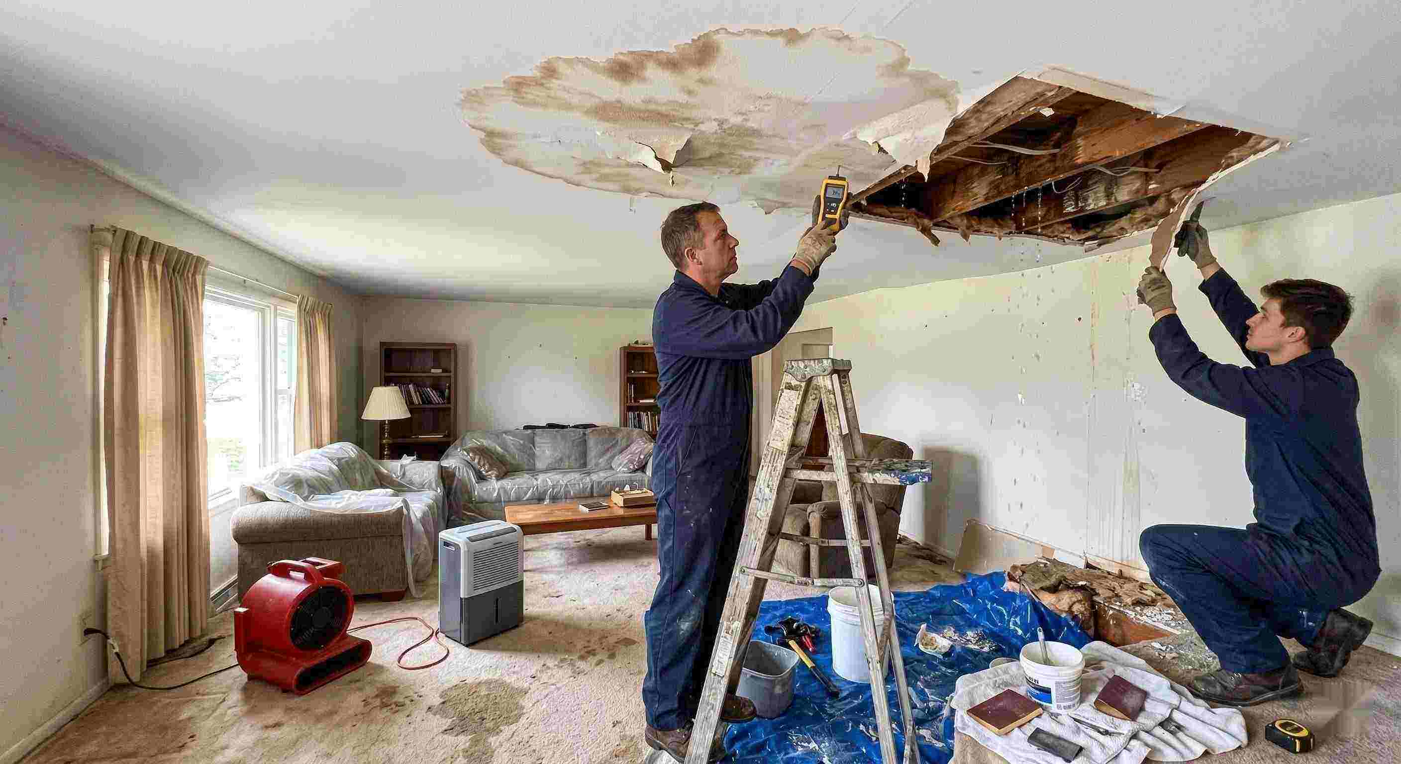 Realistic residential ceiling leak repair scene with technicians using moisture meters and air movers to fix water damage in a home in Reno.