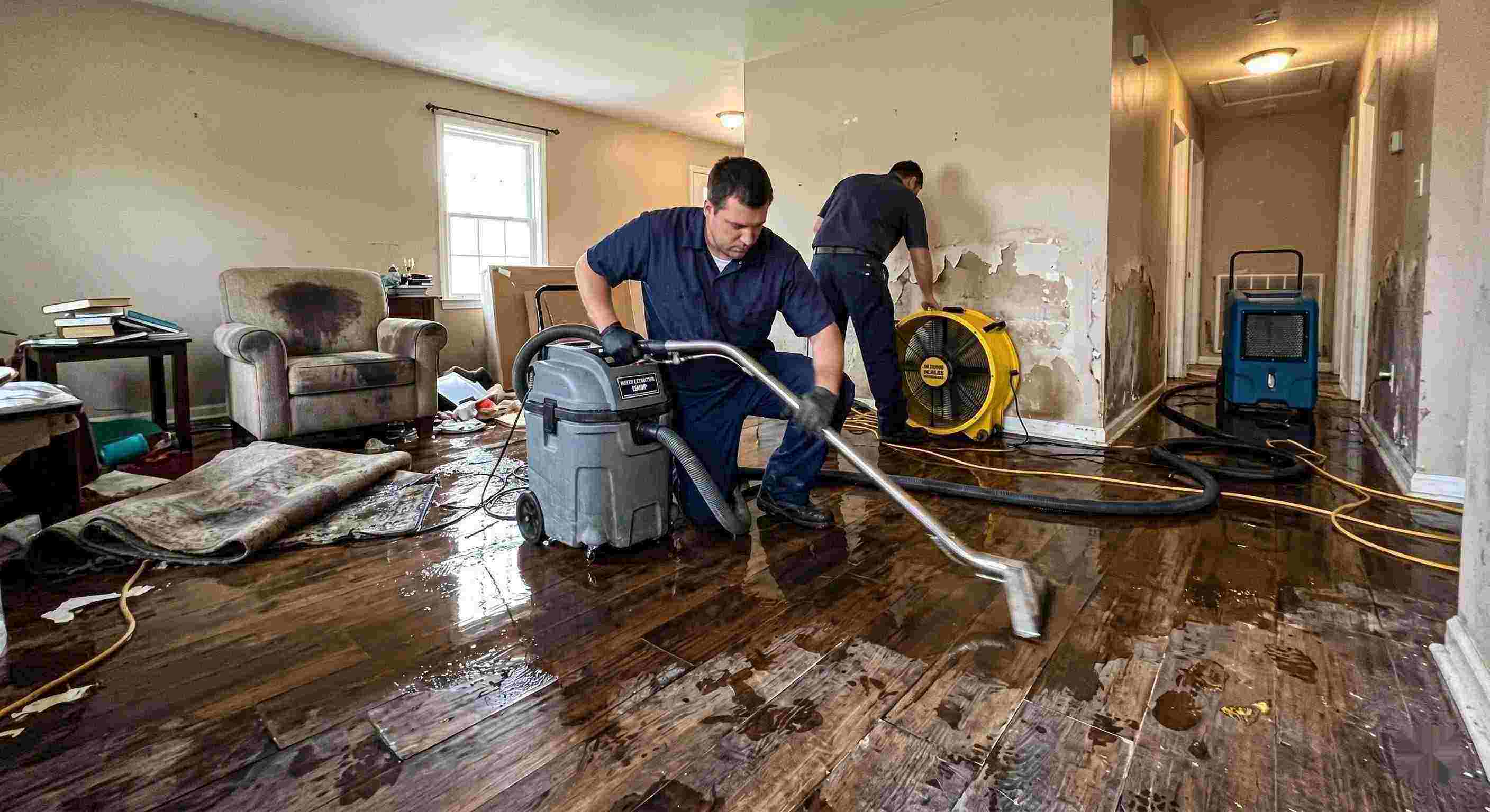 Fast emergency water damage restoration technicians removing water from flooded home in Susanville