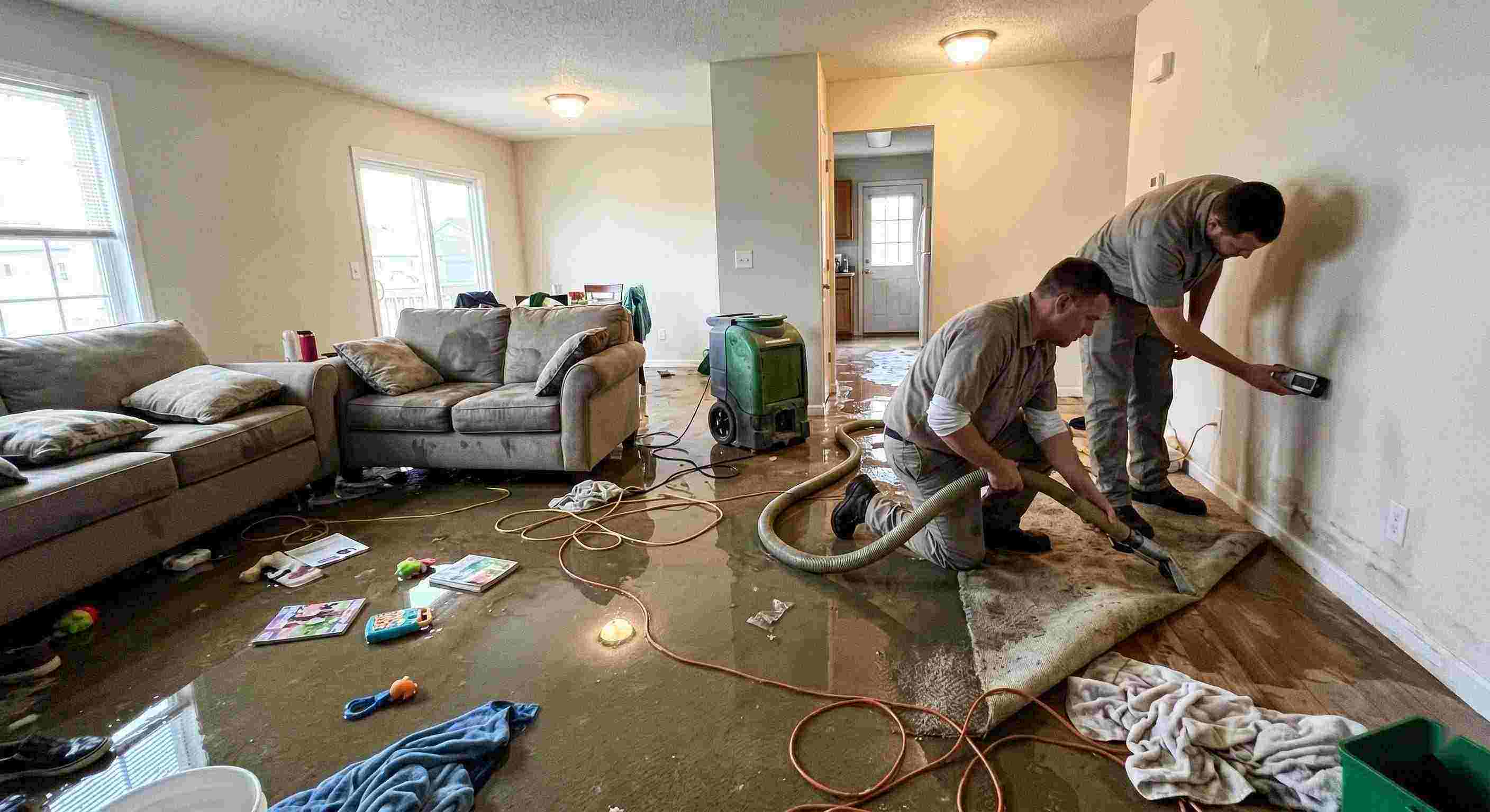 Emergency water removal technicians extracting water from flooded living room in Reno