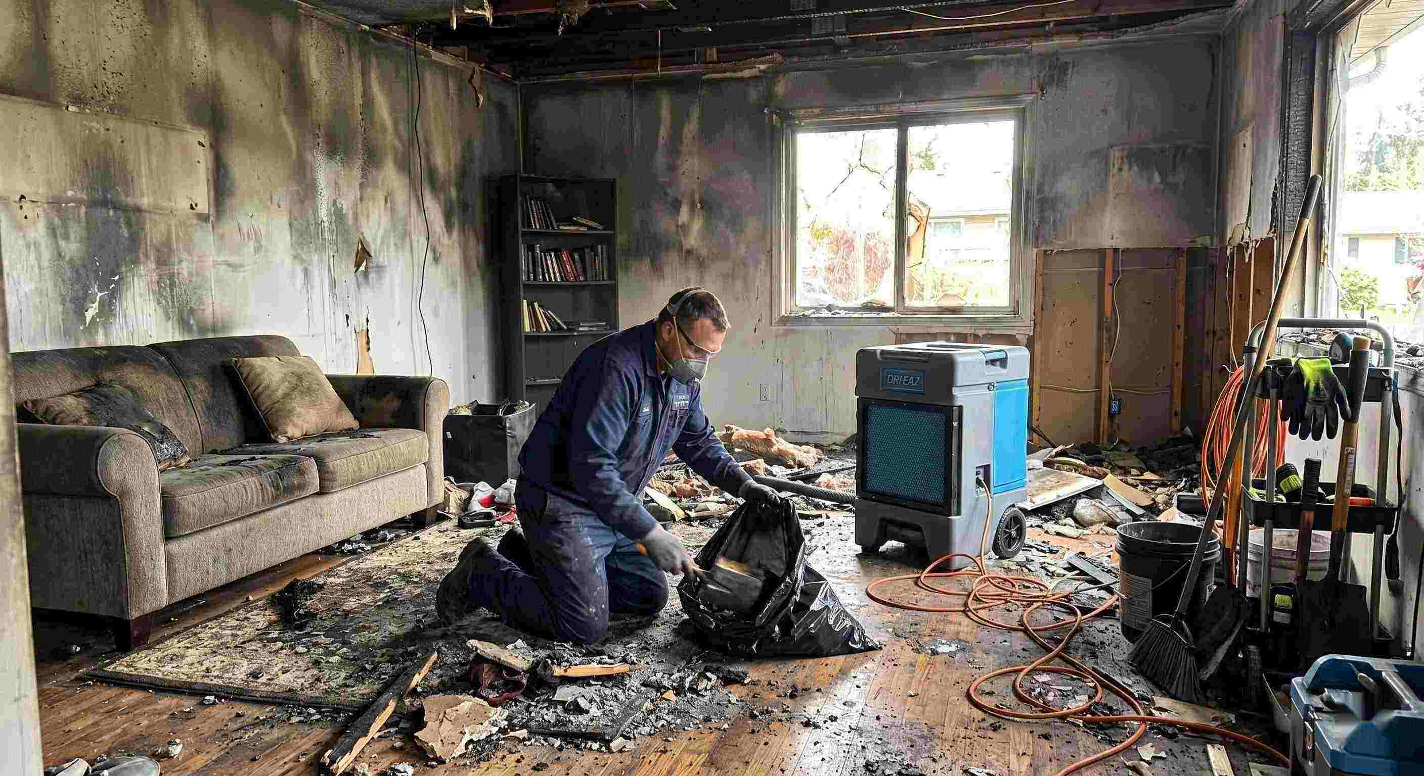 Fire damage cleanup scene with technician removing debris from a home affected by fire in Reno