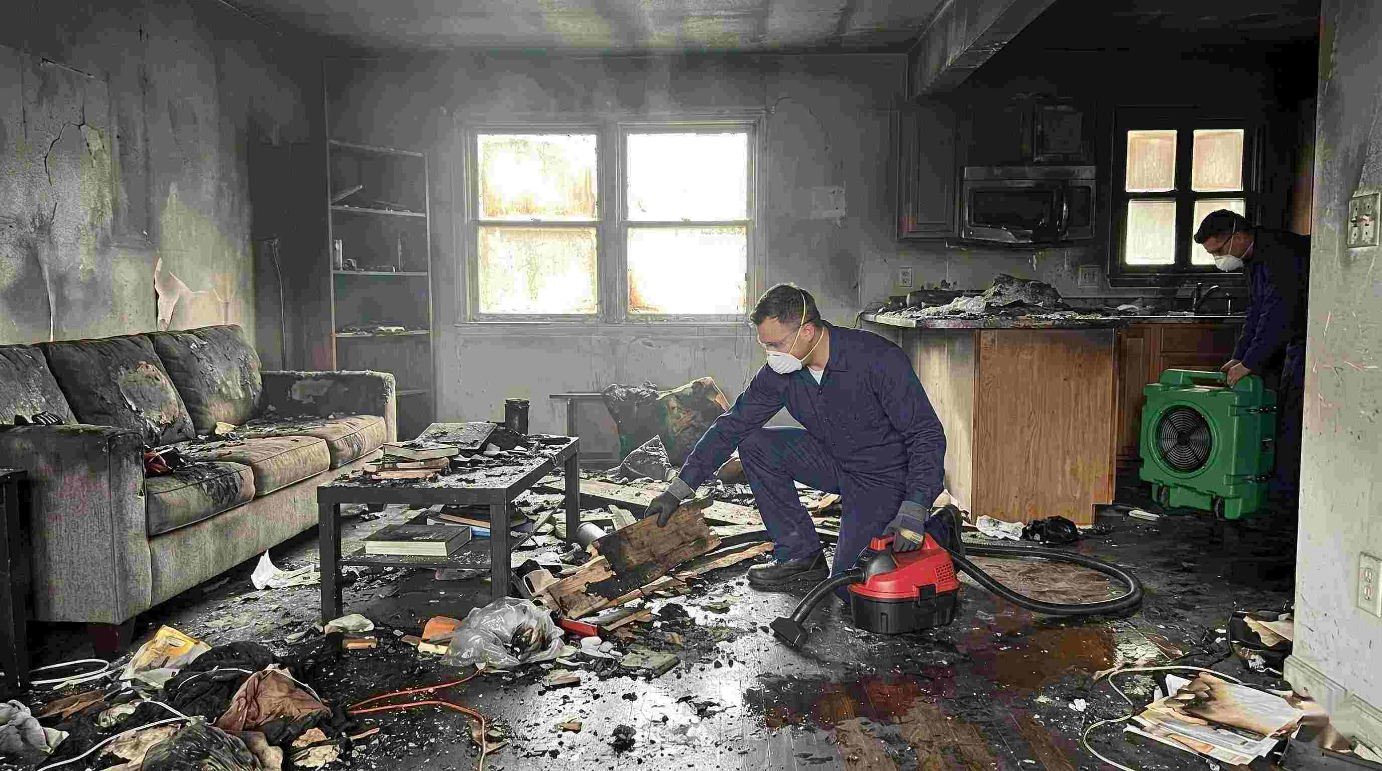 Realistic image showing extensive fire damage in a home with soot, debris, and smoke residue, captured during fire damage restoration in Reno.