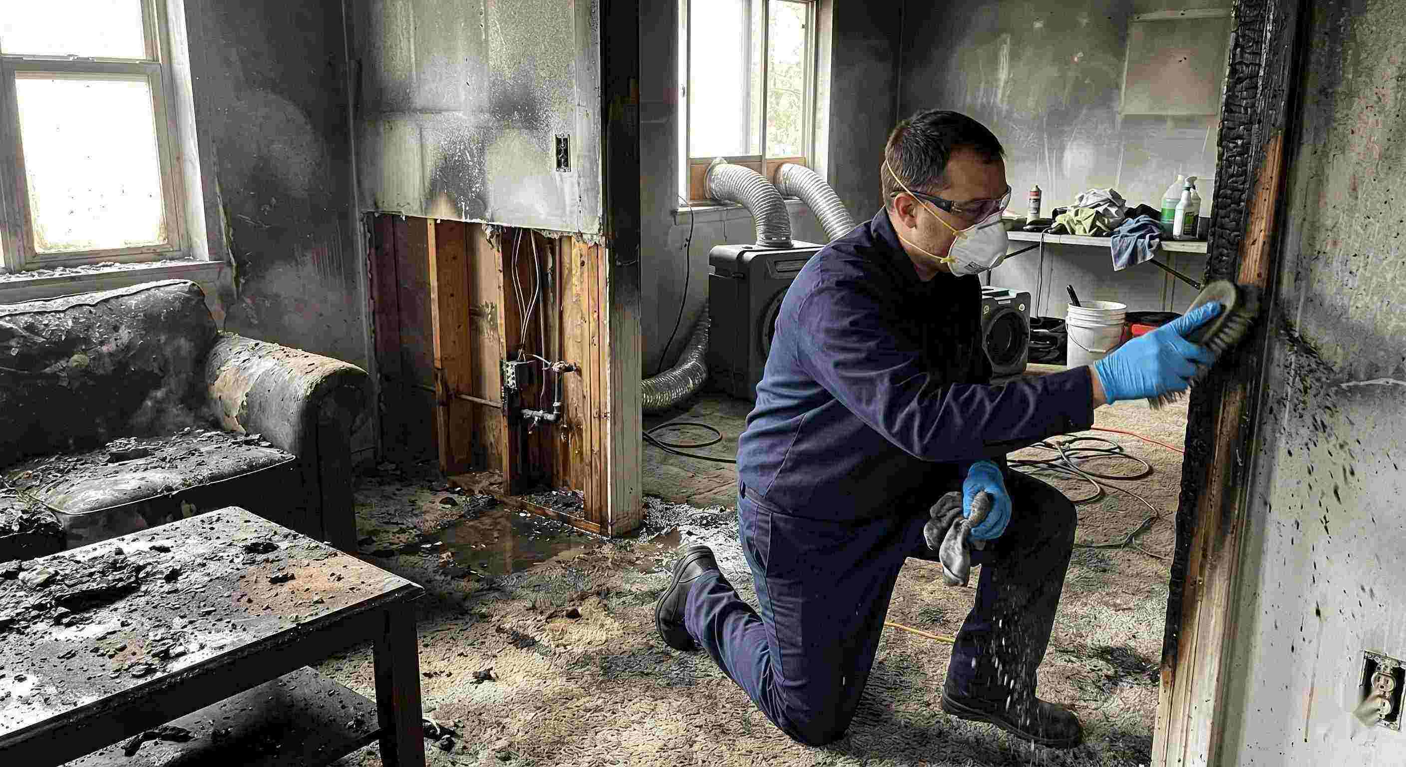 Action shot of a fire damage restoration technician cleaning soot and debris in a home damaged by fire in Reno