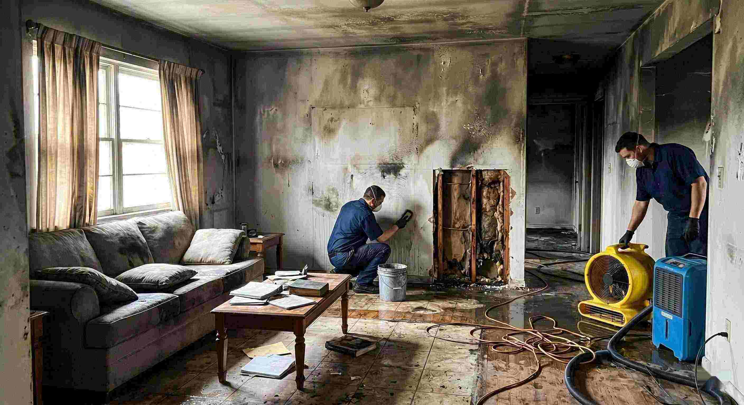 Best fire damage restoration cleanup with technicians removing soot and drying water damage in home Susanville
