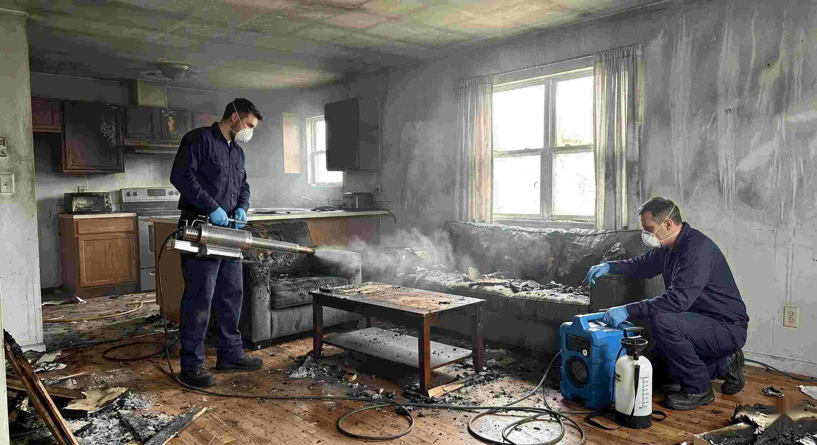 Fire odor removal service in a home showing technicians using thermal fogging equipment to eliminate smoke and soot odors in Reno.