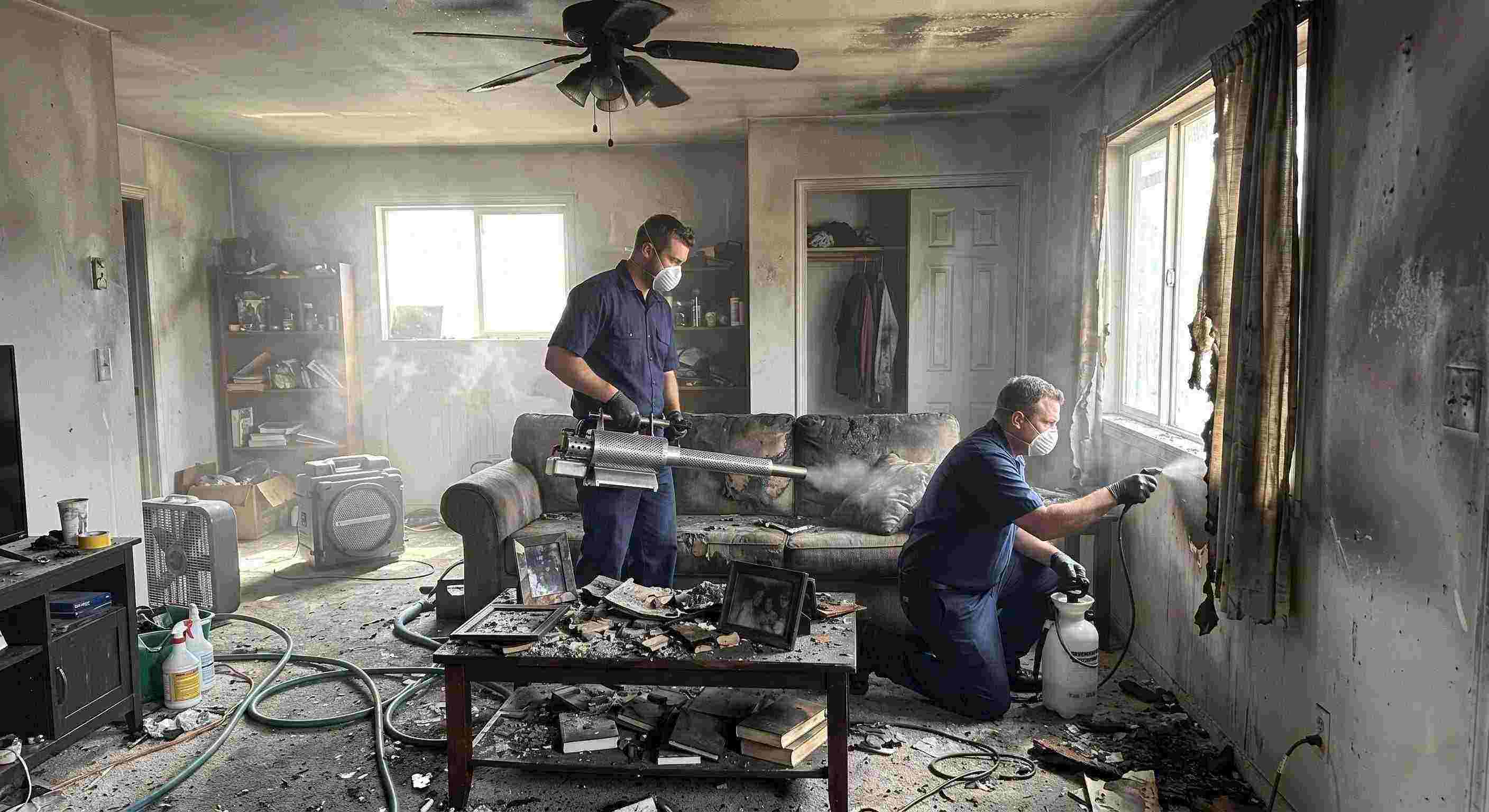 Fire damage restoration technicians removing smoke odors from a soot-stained home in Reno, using thermal fogging and odor neutralization.