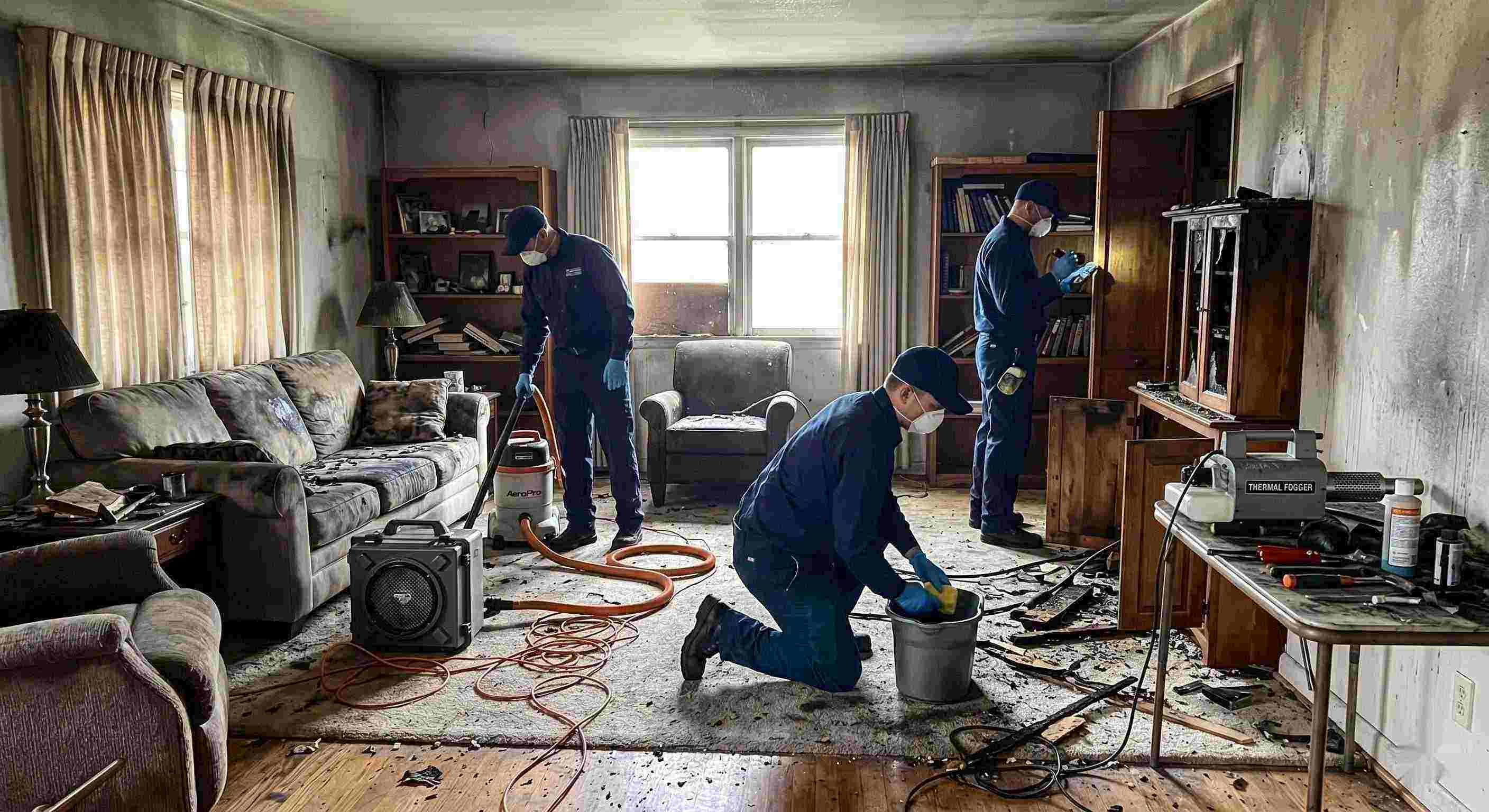 Photo of a fire restoration team using professional equipment to clean soot and smoke damage in a Reno home, emphasizing trust and hands-on expertise.