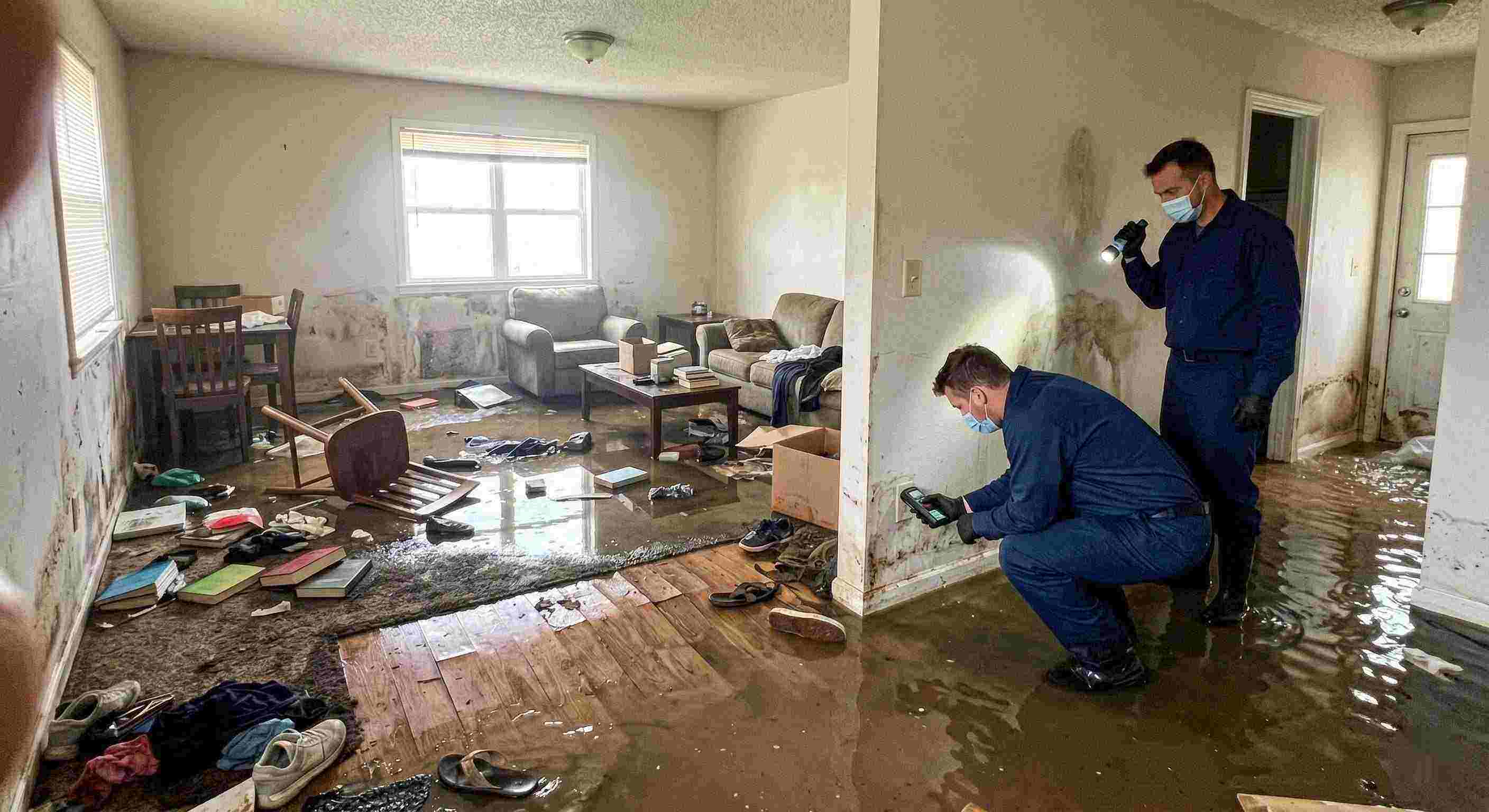 Severe home flooding with waterlogged floors, damaged furniture, and generic technician assessing the damage in Reno