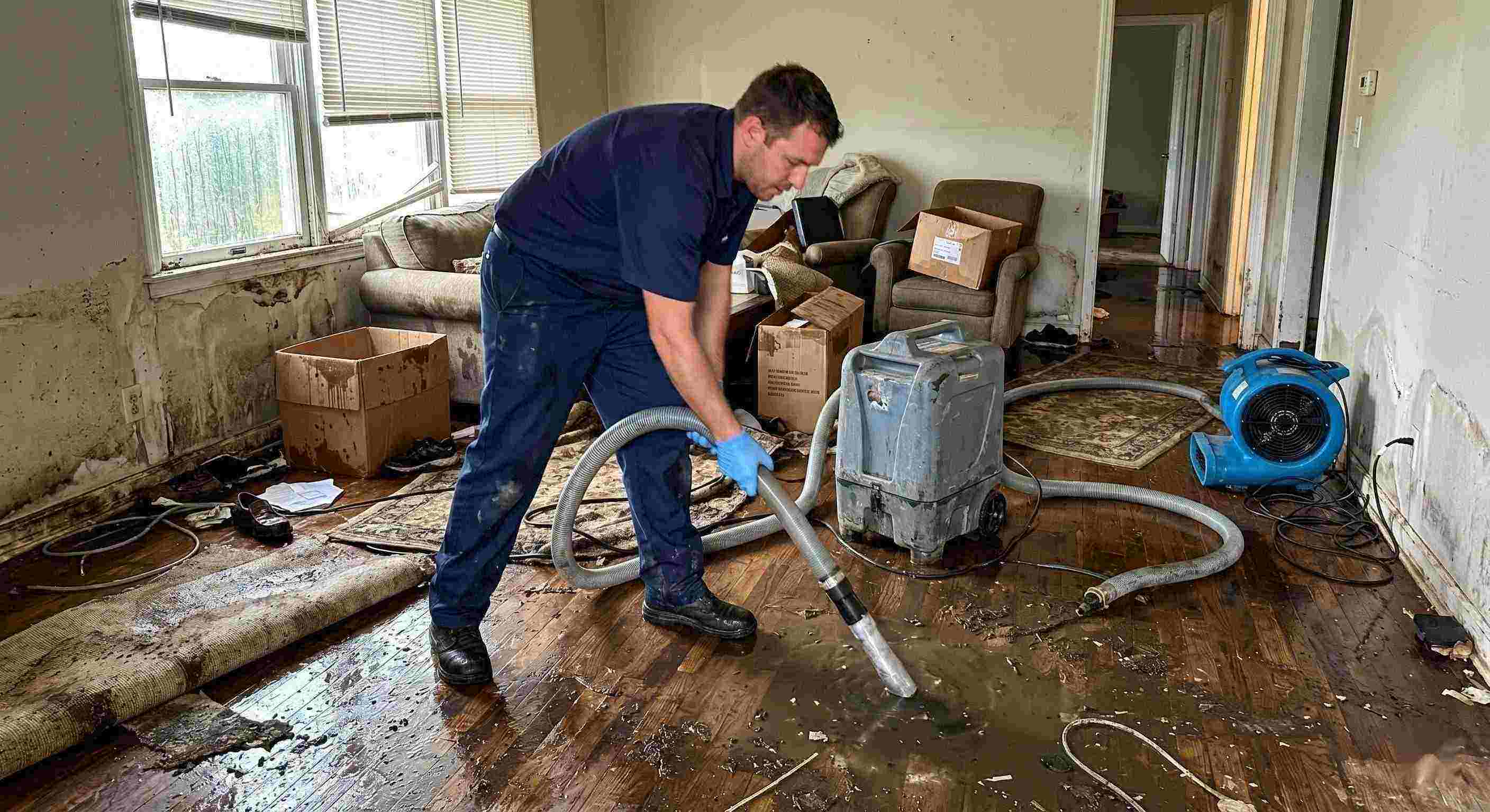 Action shot of a flood damage restoration technician removing standing water in a flooded home during the restoration process in Reno.