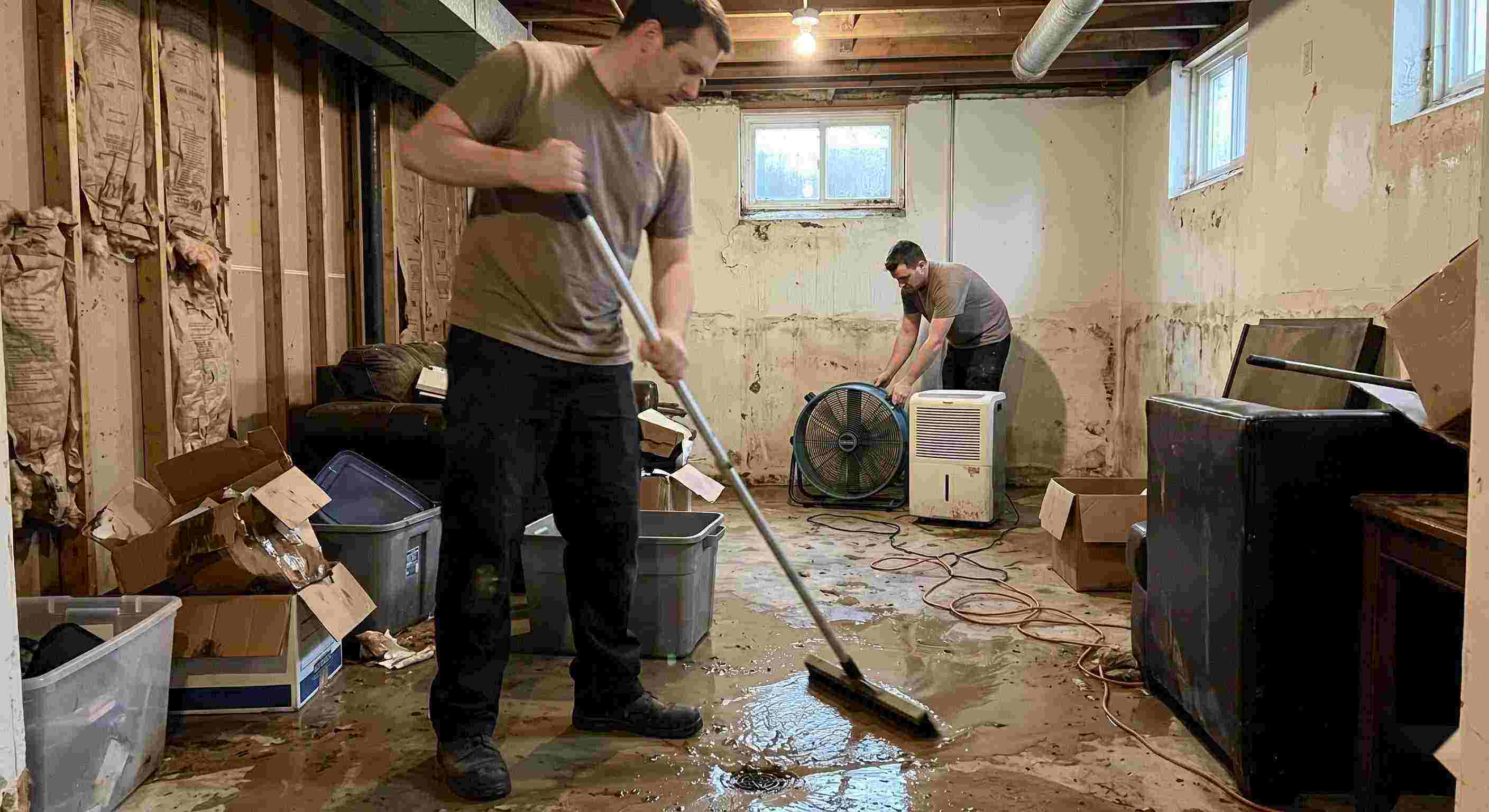 Professional flood and storm damage cleanup in a residential basement with standing water removal and drying equipment in Susanville