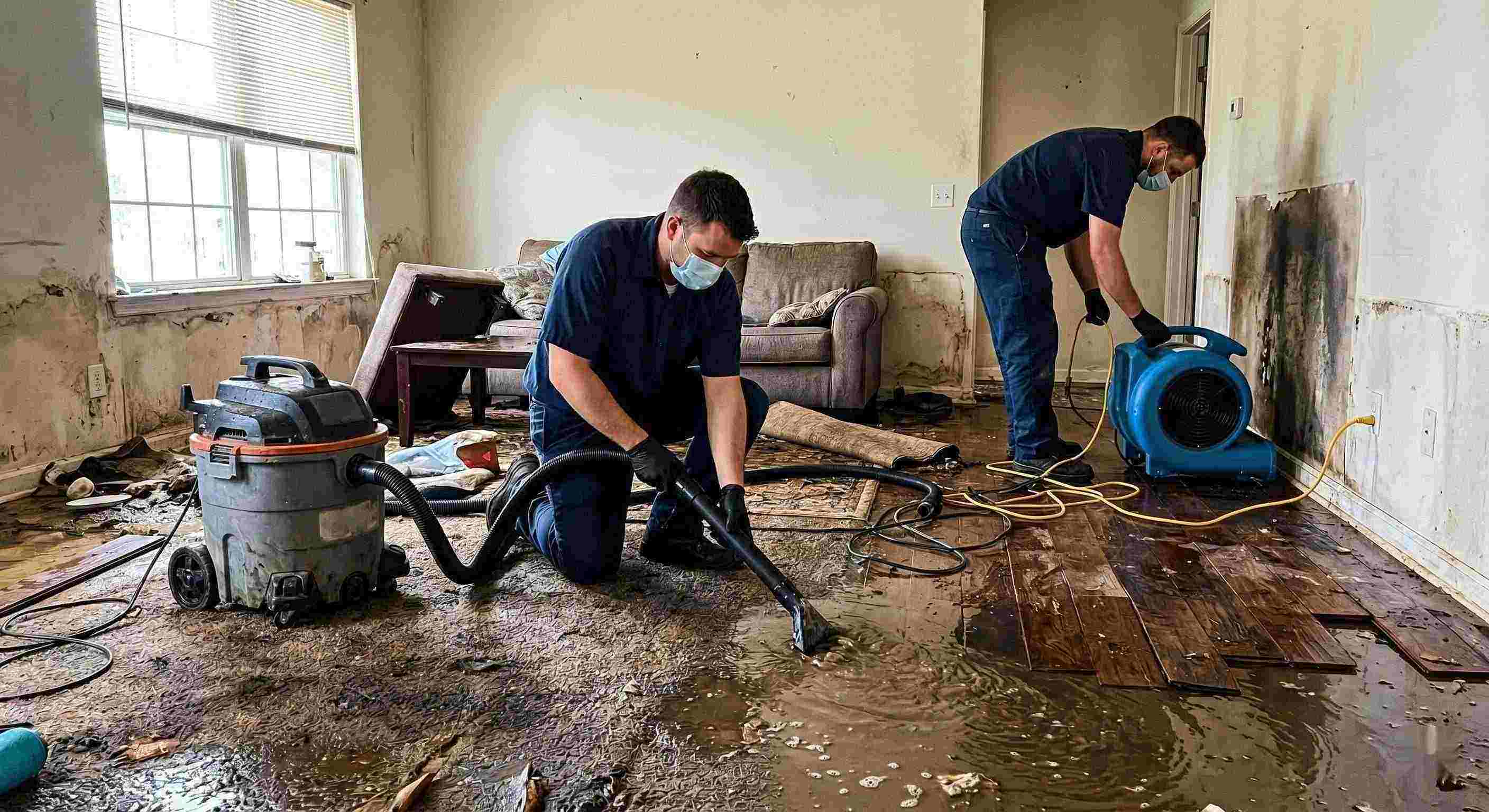Flood water removal service in a residential home showing technicians extracting standing water and setting up drying equipment in Reno