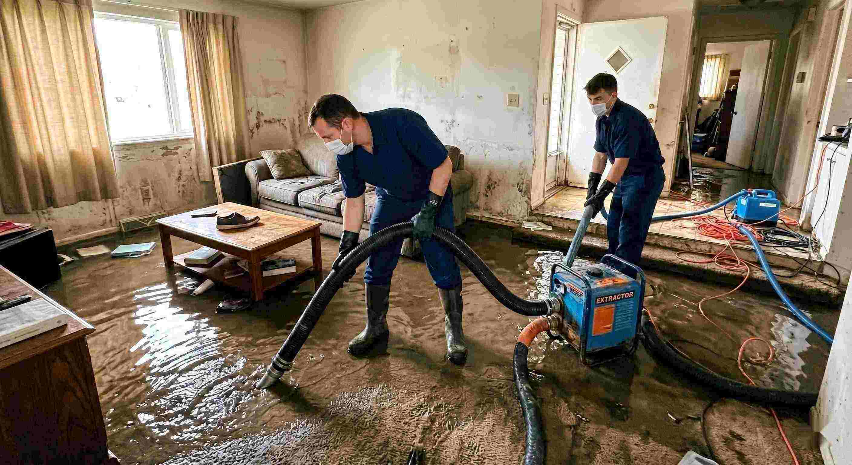 Realistic flood water removal inside a home with technicians using pumps and hoses to extract standing water during flood damage restoration in Reno.