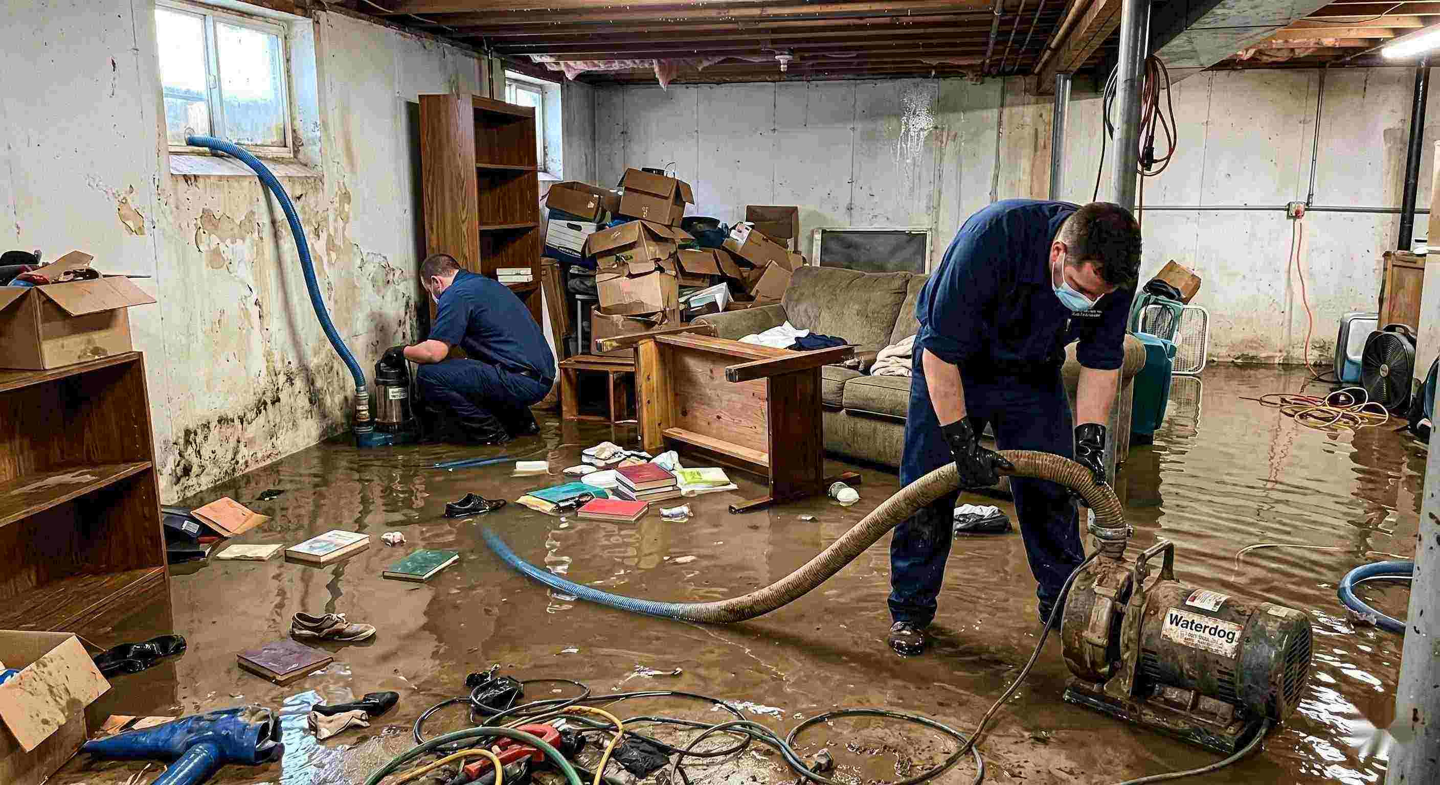 Realistic photo of a flooded basement cleanup with restoration technicians removing standing water in a home in Reno