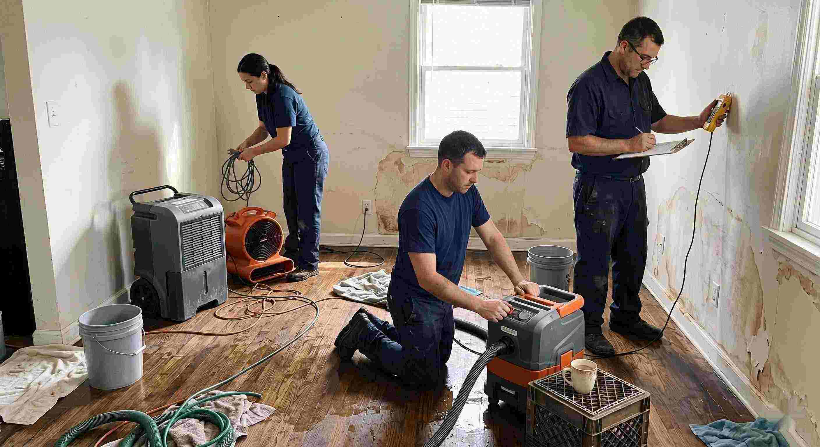 Local leak damage restoration team working with professional equipment to repair water-damaged home in Reno.