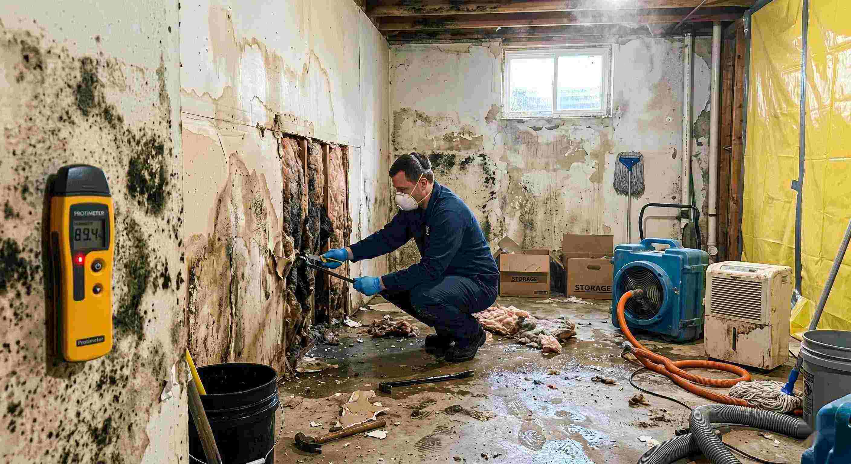 Professional mold after water damage cleanup in a residential home, showing a technician removing water-damaged drywall and treating mold in a damp basement in Reno.