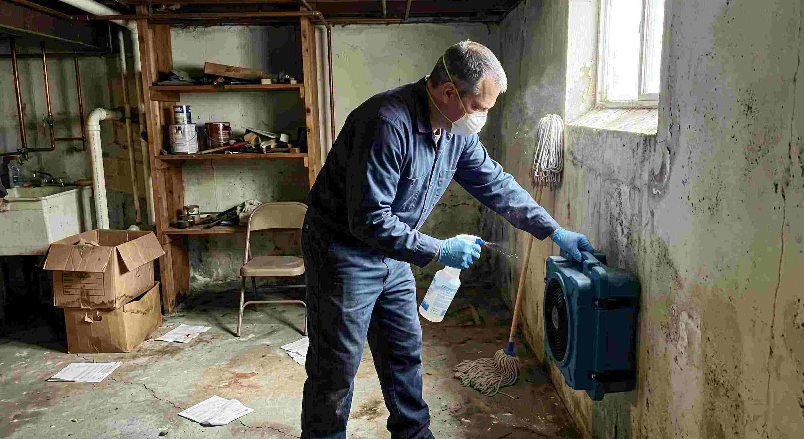 Technician performing mold odor removal in a basement, using HEPA air scrubber and antimicrobial spray, preventing mold growth in a Reno home.