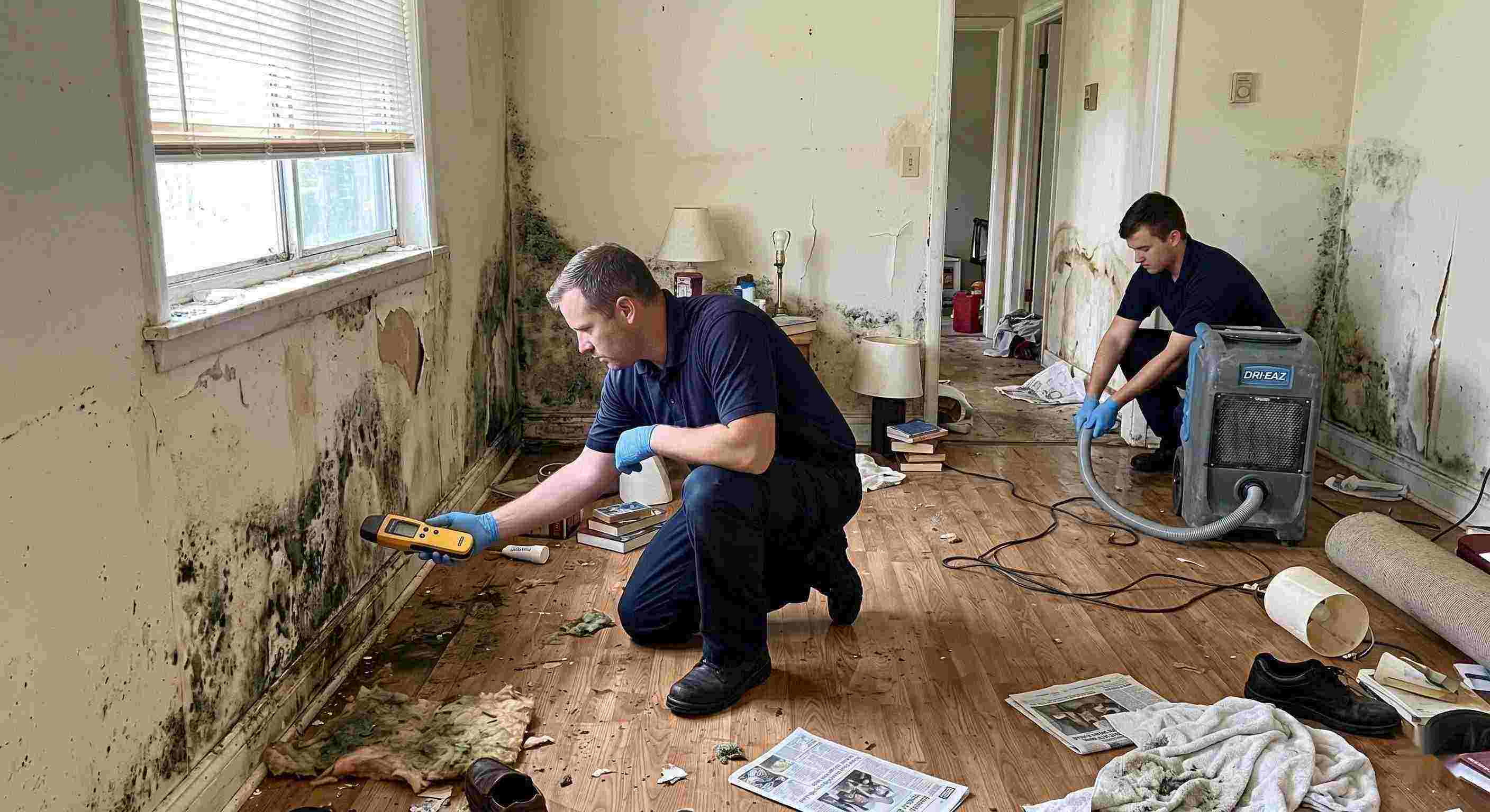 Realistic photo showing mold damage and water-affected walls in a home during mold remediation in Reno, with technicians inspecting and controlling moisture.