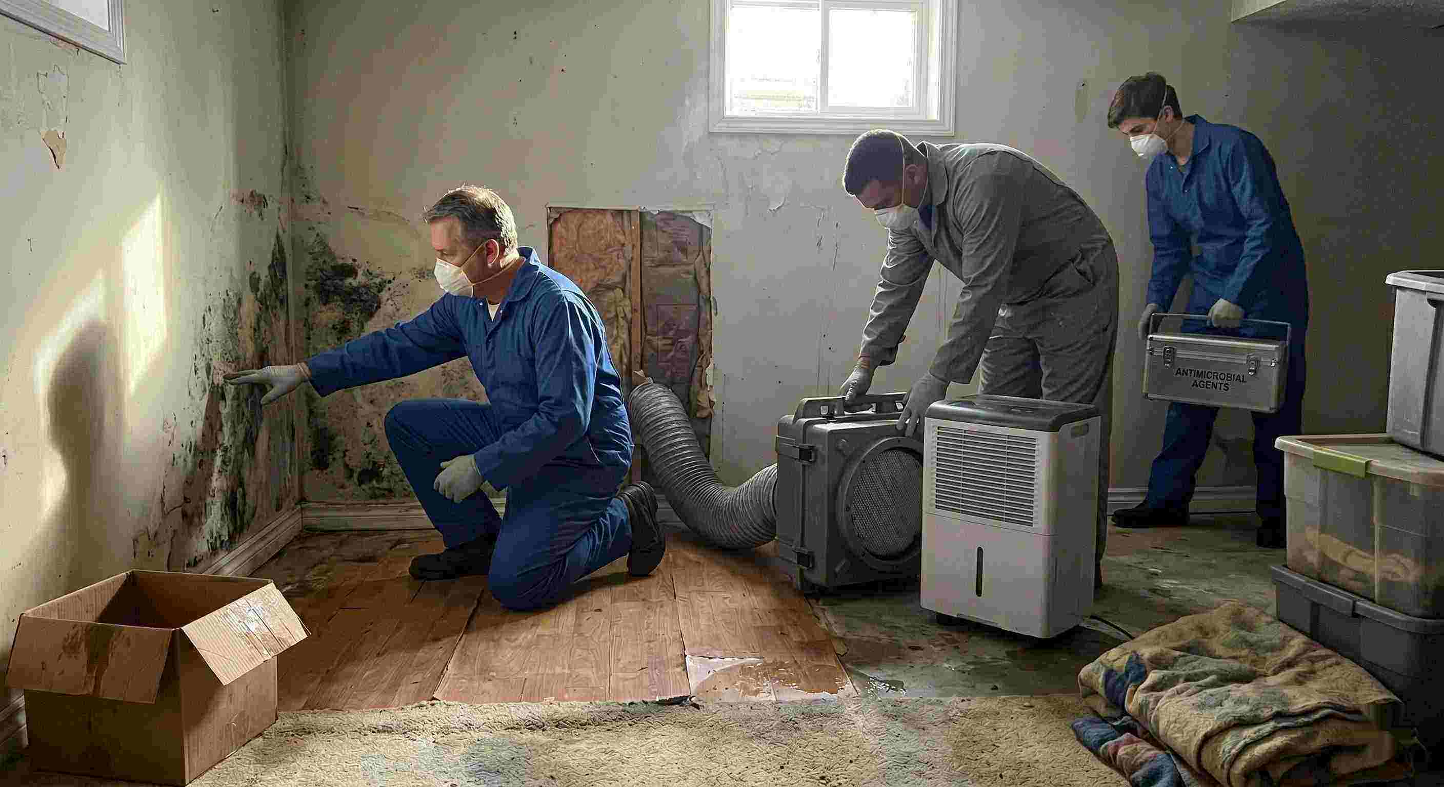 Residential mold remediation team performing inspection and cleanup with dehumidifiers and HEPA filters, showing professional team and equipment in a Reno home.