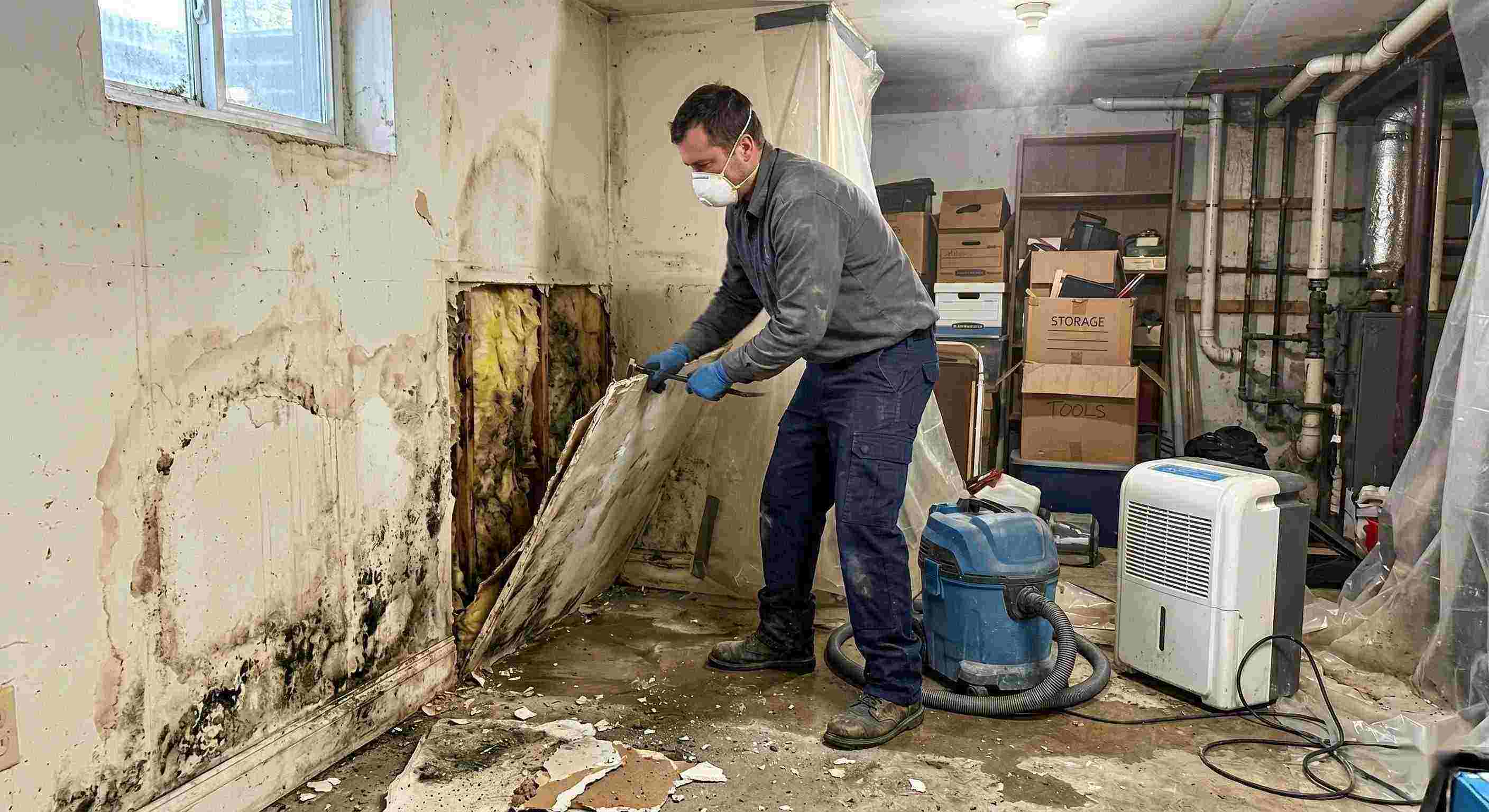 Action shot of a mold remediation technician removing damaged drywall and treating mold in a home basement in Reno, showing realistic textures, dust, and water damage.