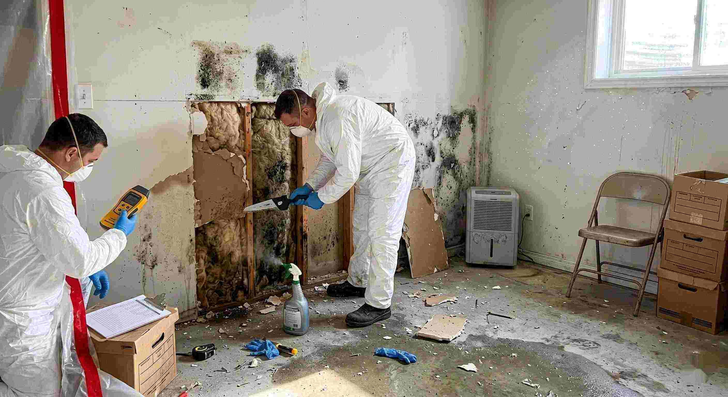 Professional mold removal service in a residential home, showing technicians removing black mold and moisture-damaged drywall in Reno.
