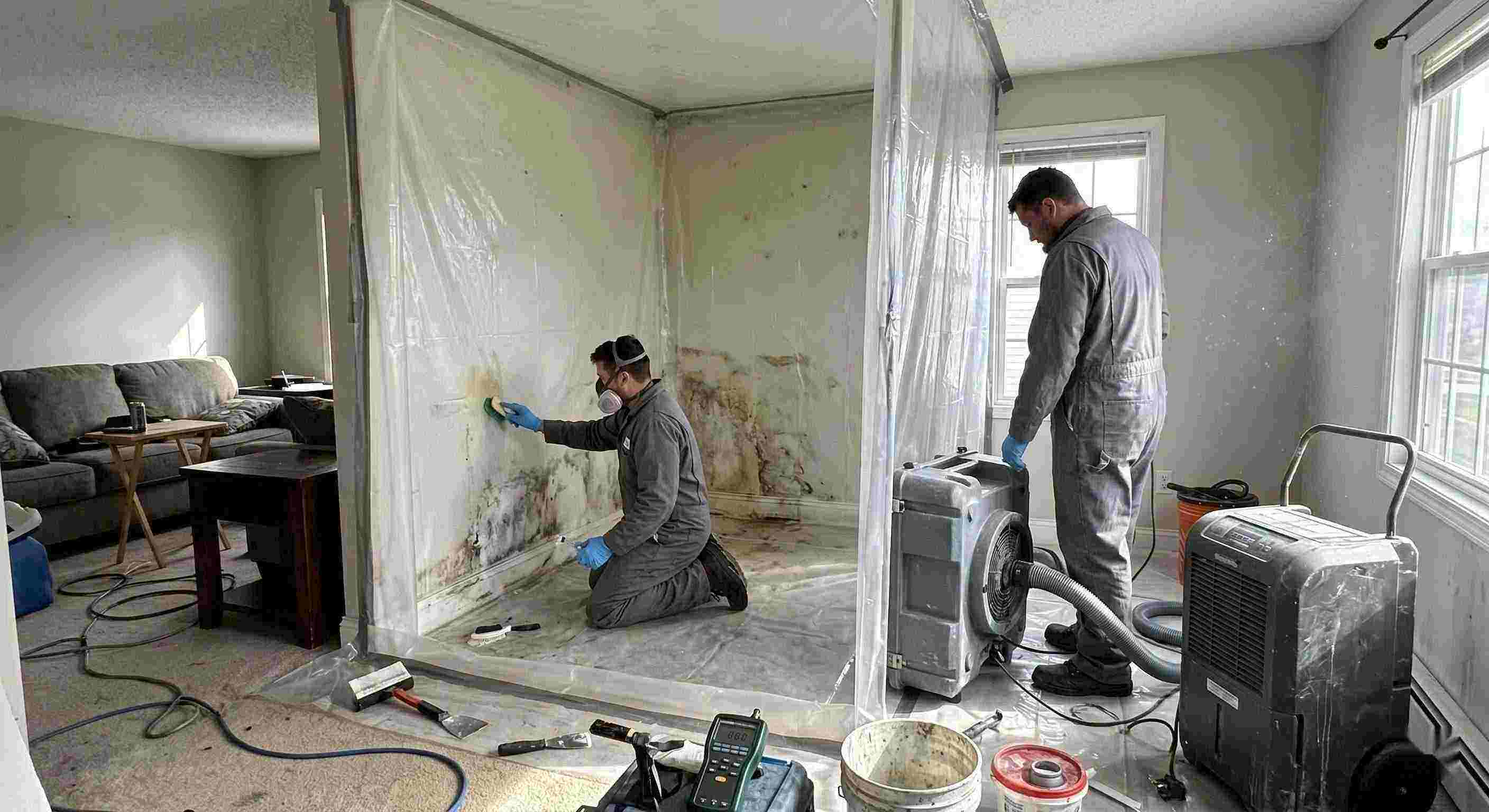 Technicians performing indoor mold removal in a residential home in Reno, isolating damp areas and using HEPA air scrubbers and dehumidifiers.