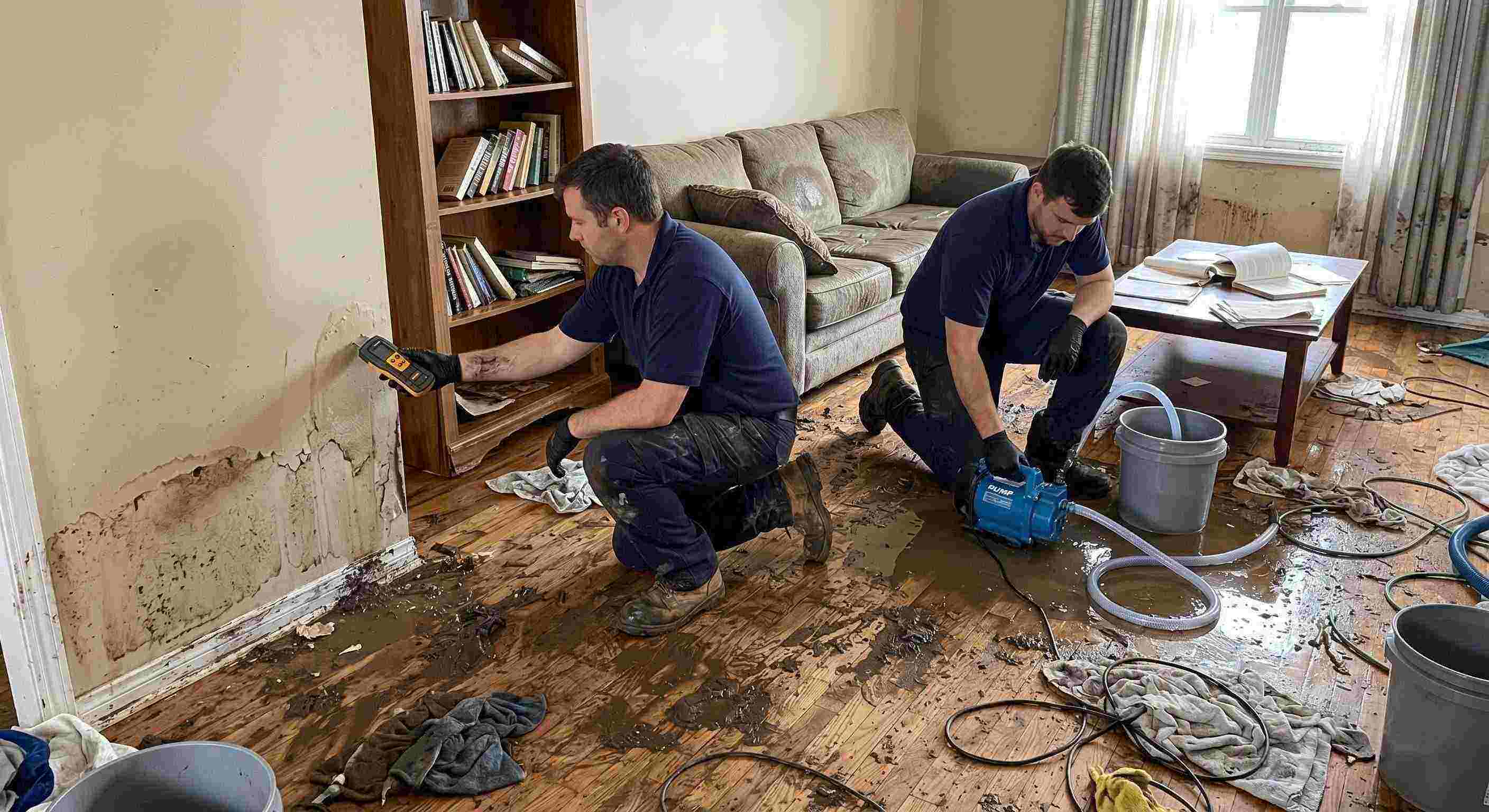 Realistic photo of a technician performing mud and debris removal after flooding in a home in Reno, showing soaked floors, water-damaged furniture, and scattered cleaning equipment.