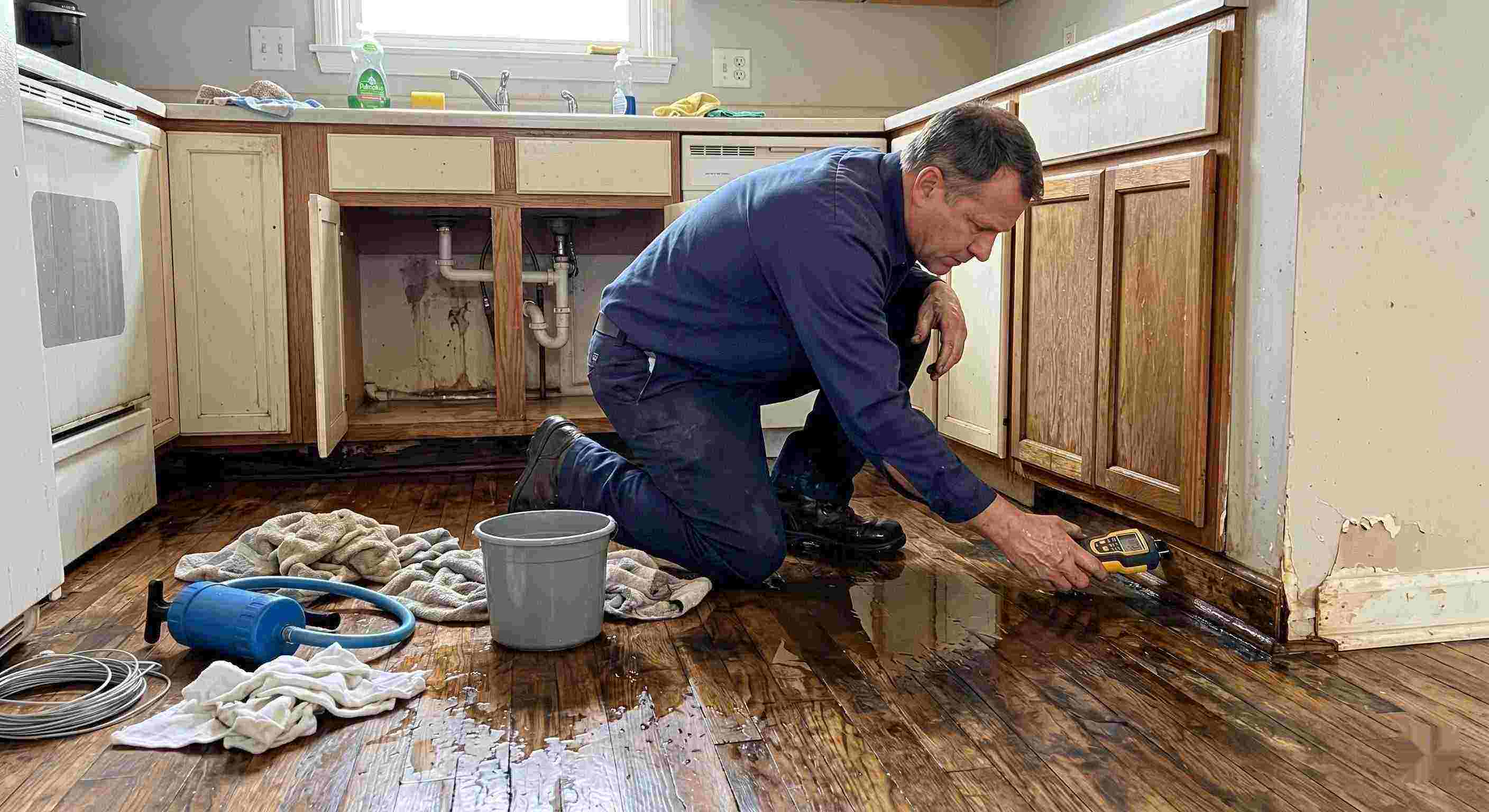 Technician performing pipe leak cleanup in a residential home in Reno, inspecting water-damaged flooring and cabinets.