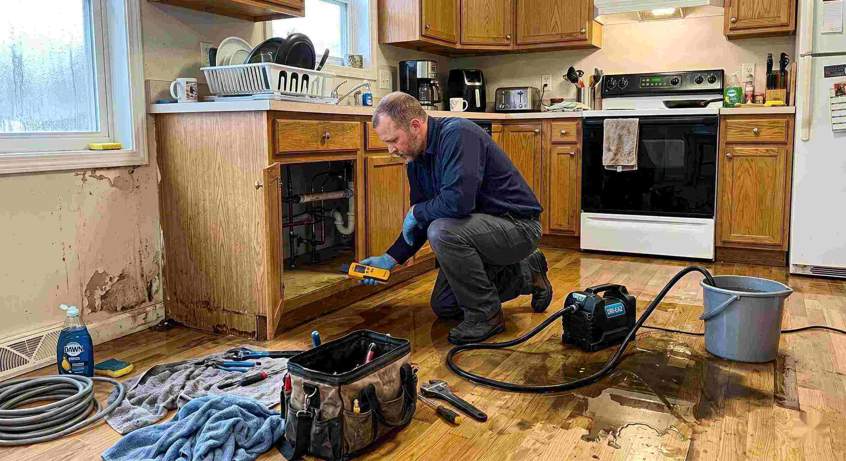 Pipe leak cleanup service in a residential kitchen showing water damage and a technician actively restoring the area in Reno.