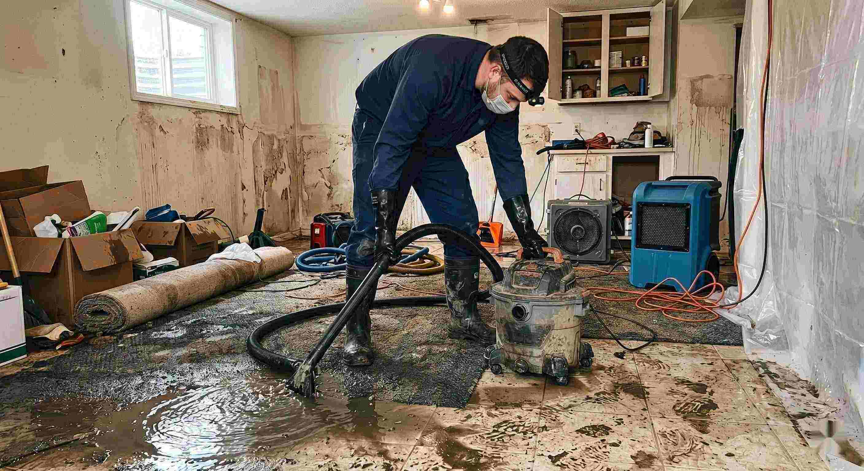 Action shot of a technician performing sewage backup cleanup in a residential home, showing water extraction and sanitation processes in Reno.