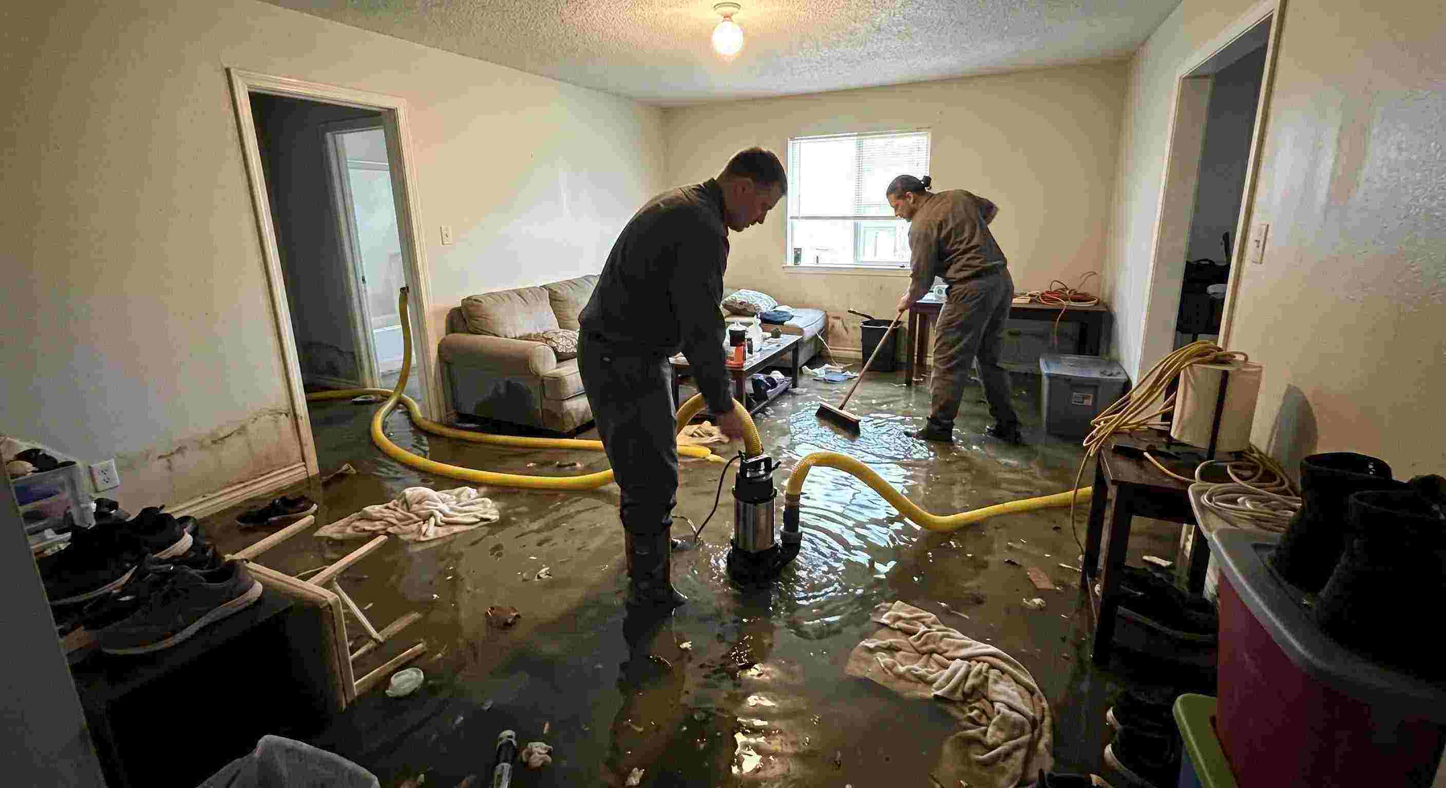 High volume residential pump-out services removing flood water with submersible pumps in Reno