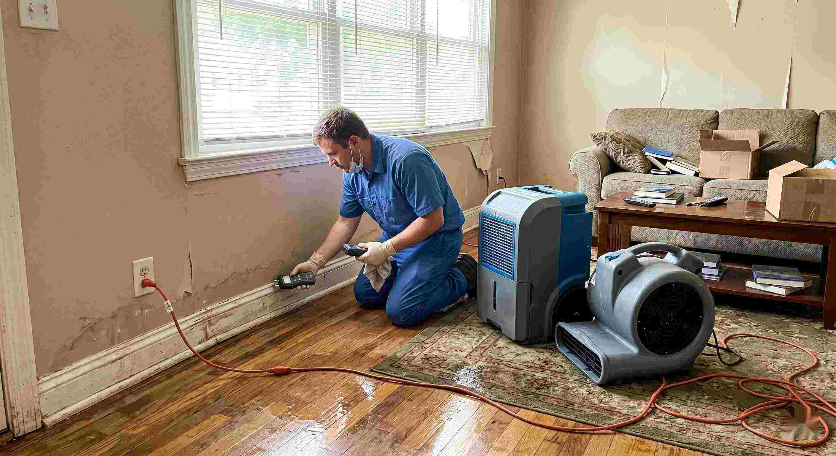 Technician performing rainwater intrusion cleanup in a flooded home in Reno, showing wet floors, damp walls, and dehumidifiers in use.
