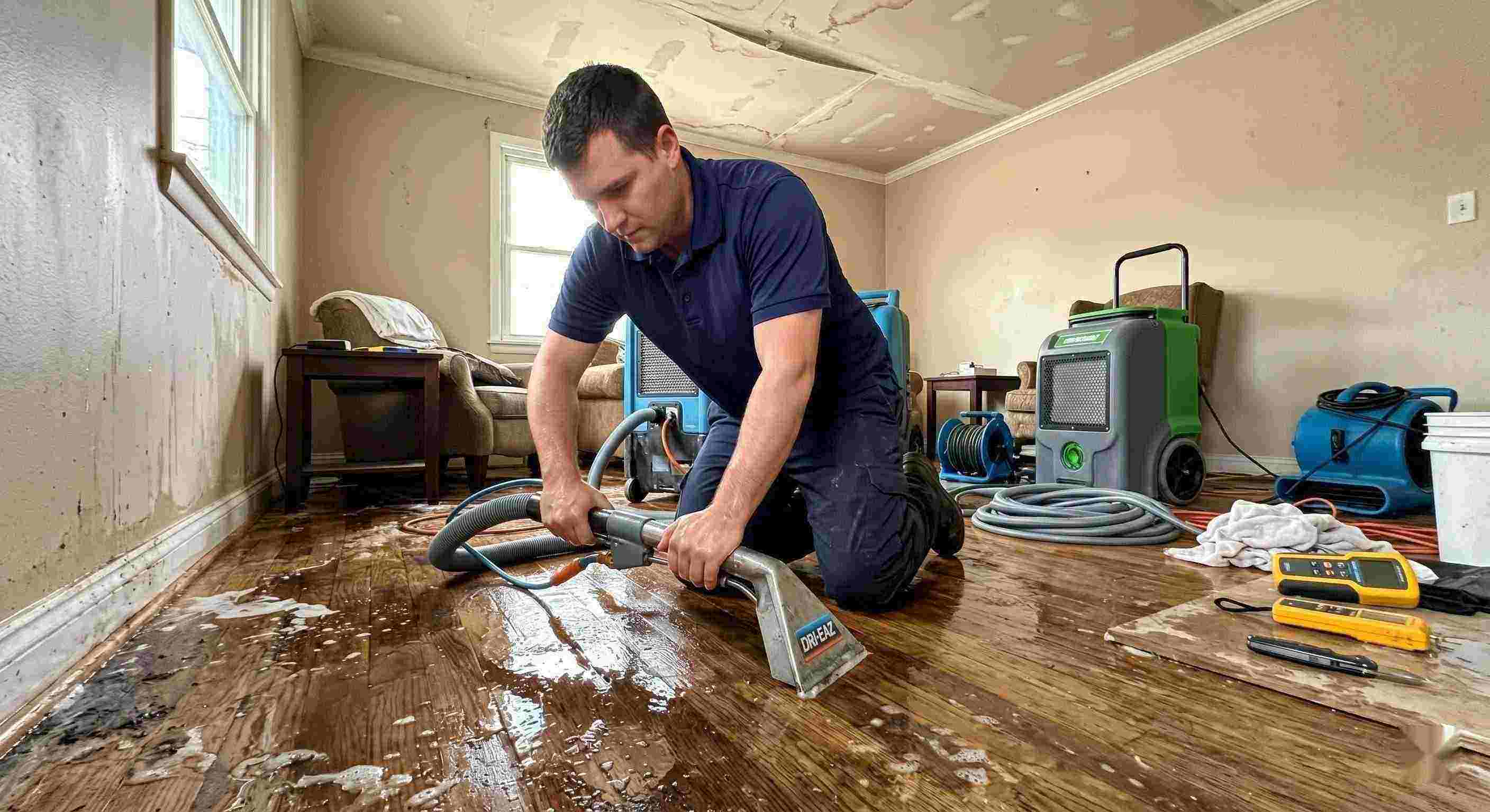 Action shot of a leak damage restoration technician performing water extraction and drying in a home in Reno, showing realistic water damage and cleanup process.