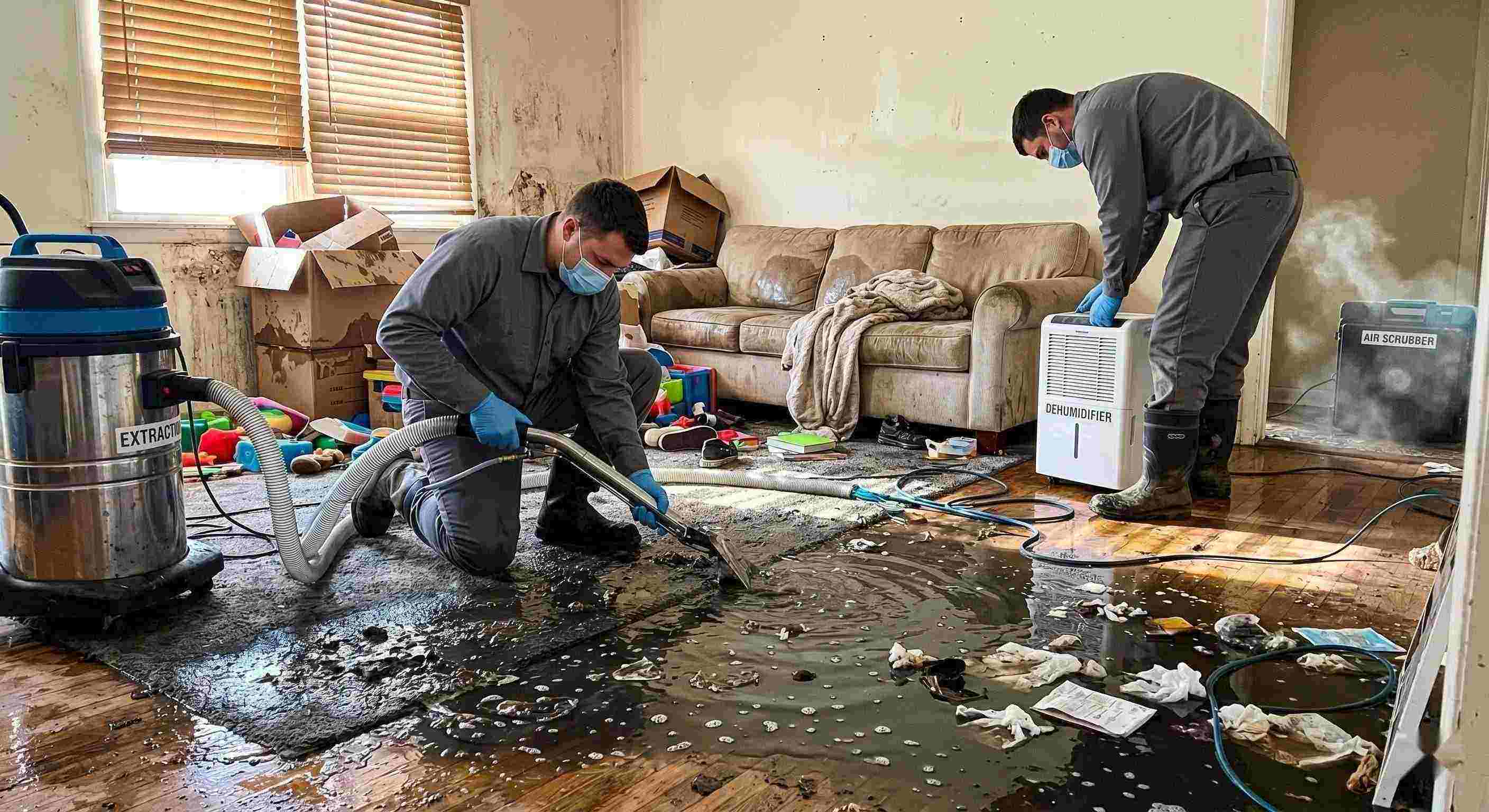 Realistic image of a residential sewage backup cleanup in progress, with technicians removing contaminated water and using drying equipment in a home in Reno.