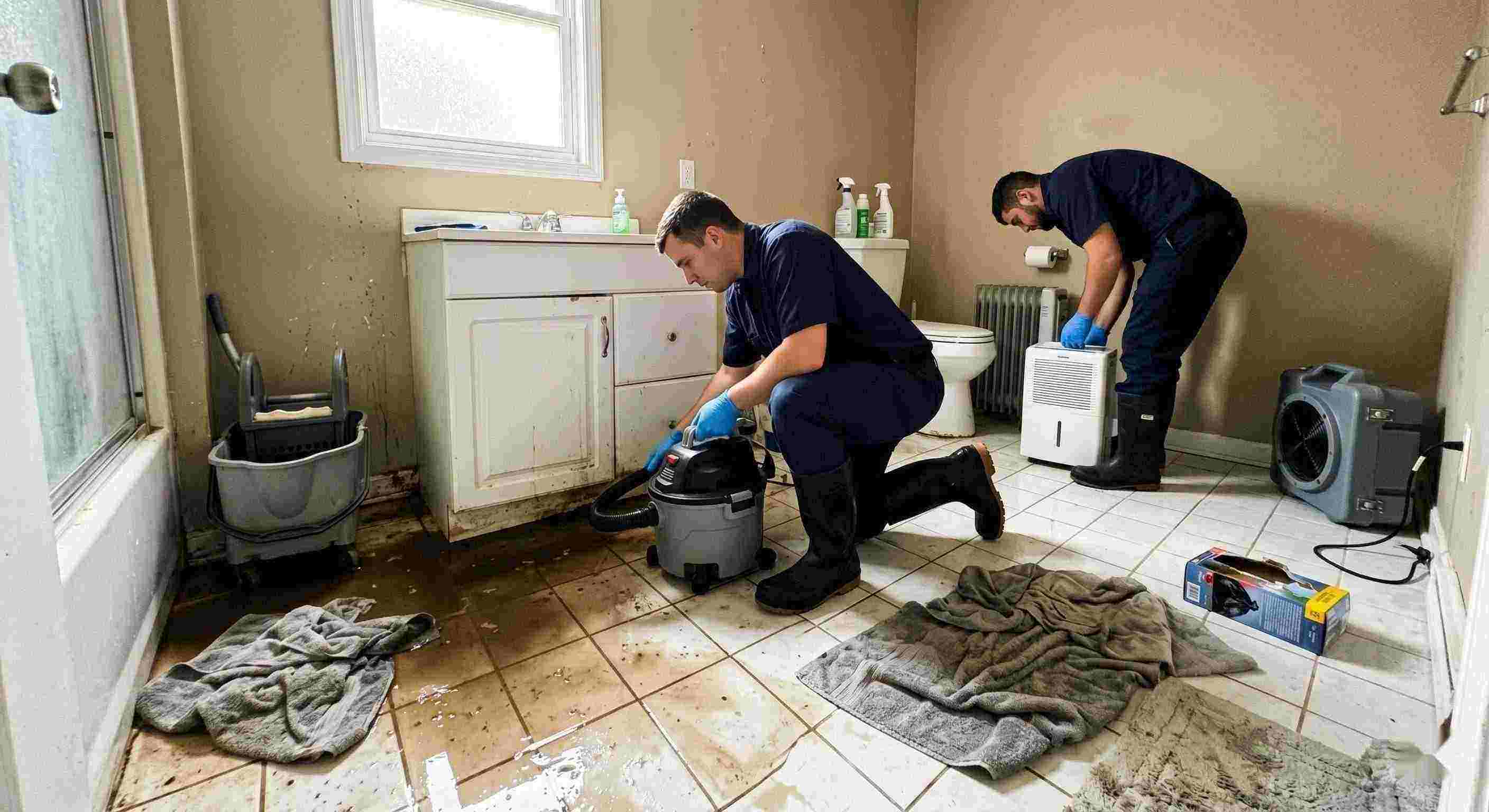 Realistic sewage backup cleanup in a home bathroom, technician extracting contaminated water during emergency sewage cleanup in Reno