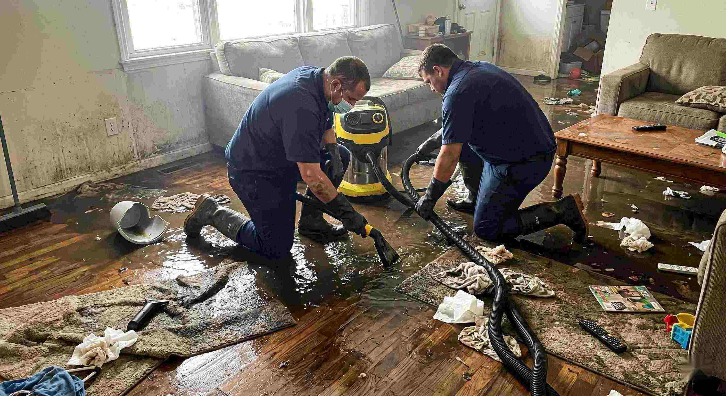 Realistic scene of sewage backup cleanup in a home showing technicians removing contaminated water in Reno.