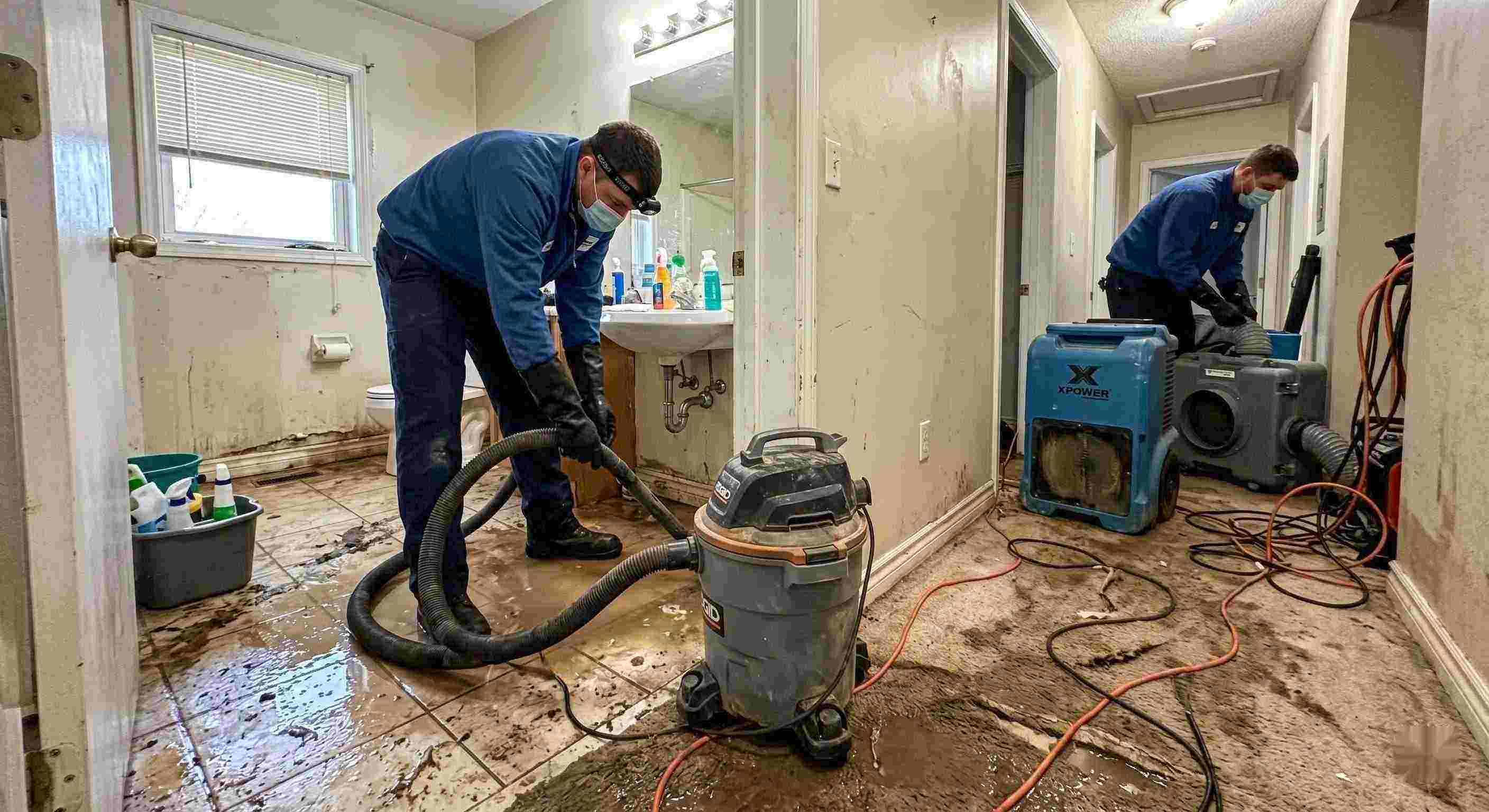 Sewage backup cleanup in a home with technicians removing contaminated water and drying surfaces in Reno