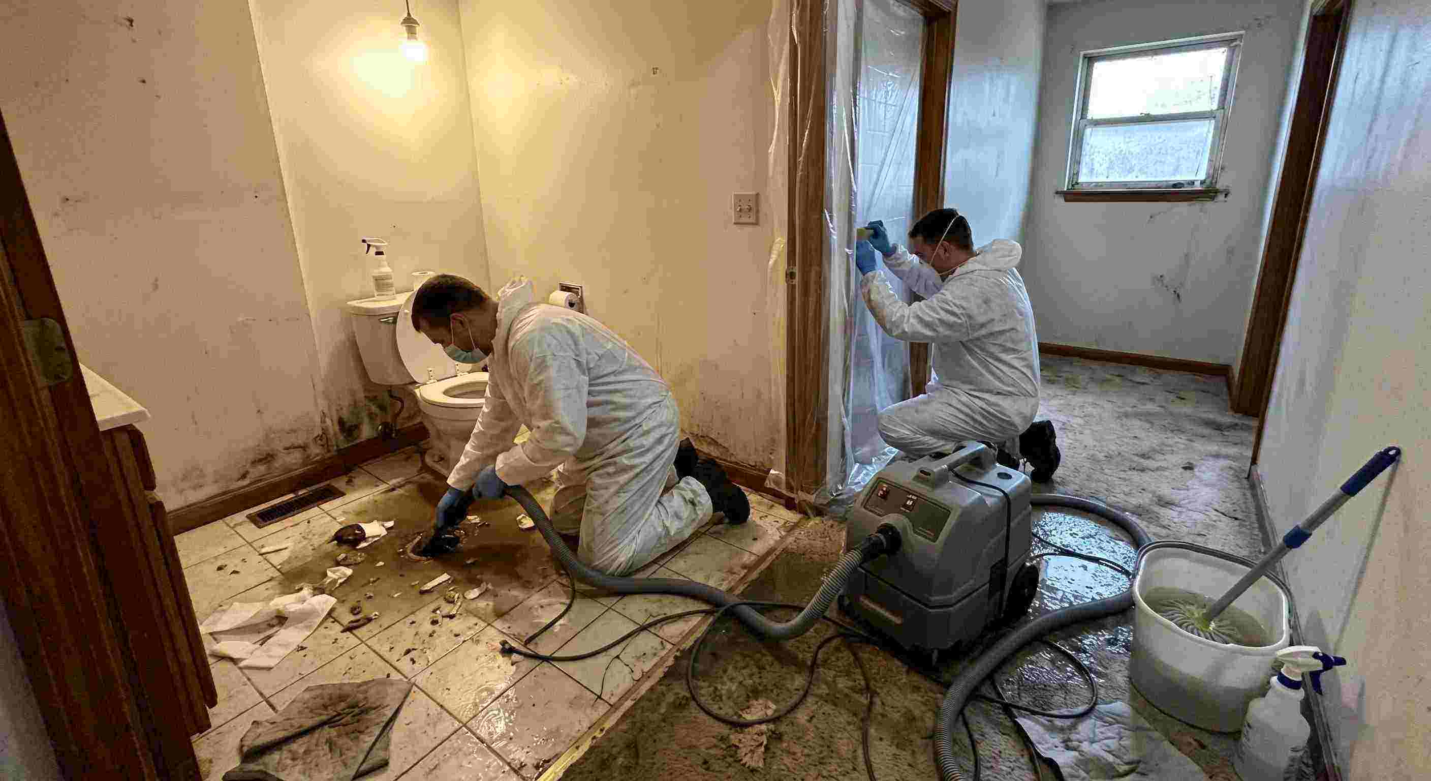Trusted sewage backup cleanup technicians removing contaminated water inside home in Susanville