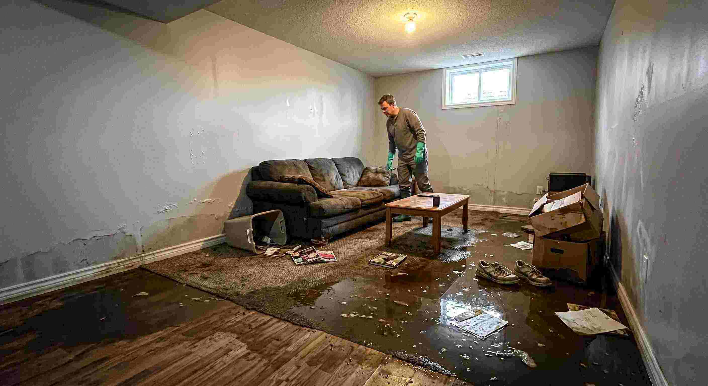 severe sewage backup damage spreading across basement floors and walls in Reno home