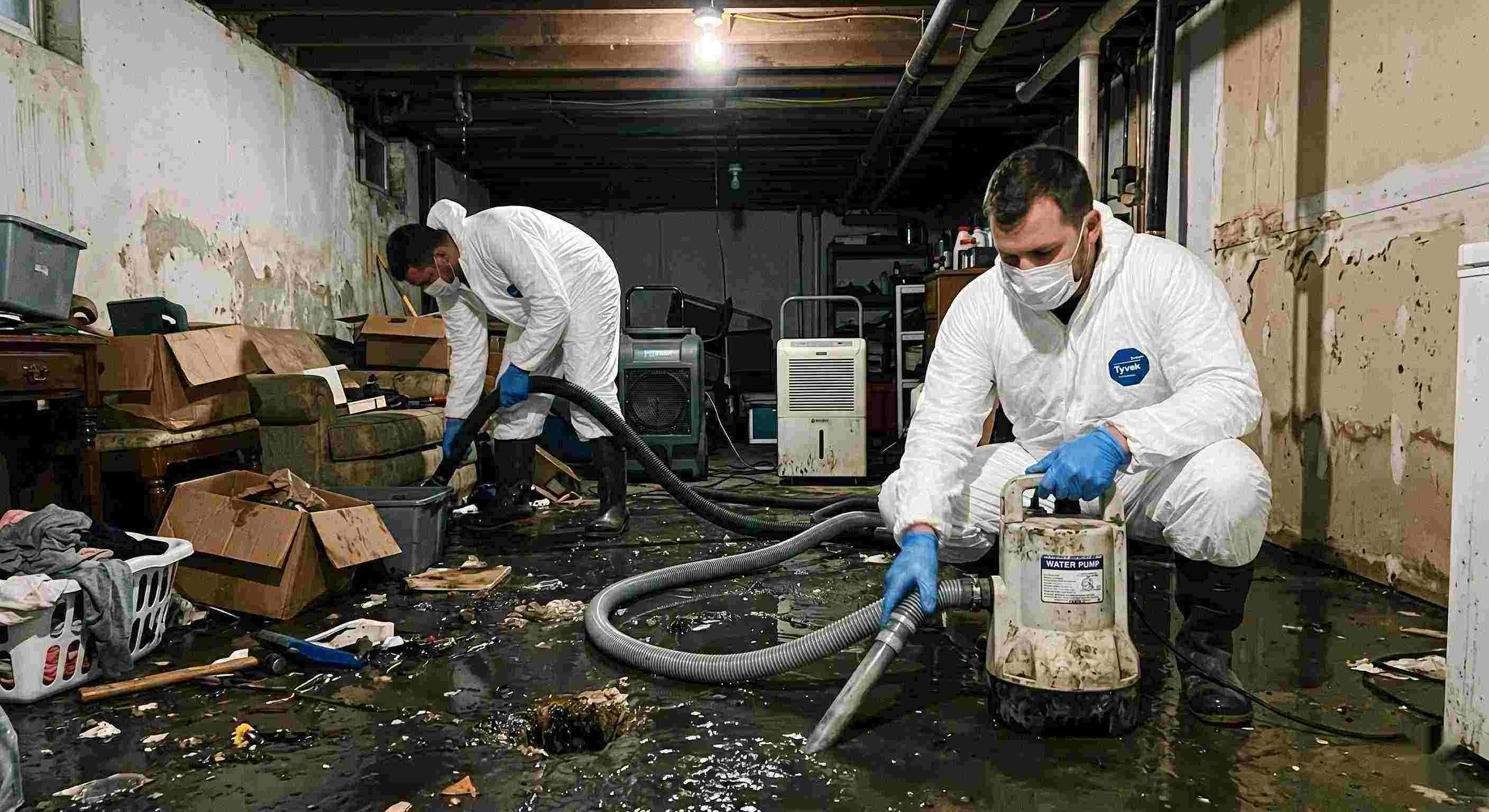 sewer backup cleanup technicians removing contaminated water from flooded basement in Reno