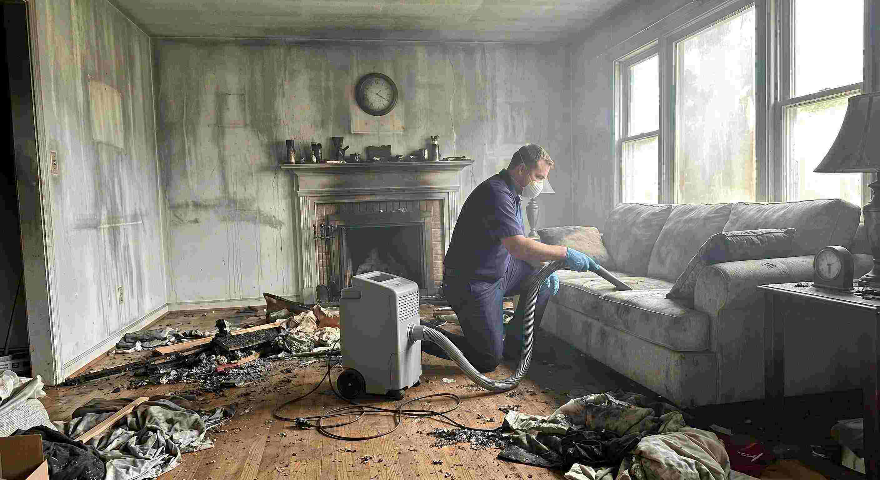 Realistic post-fire smoke damage removal in a home with soot-covered walls and debris being cleaned by a technician in Reno.