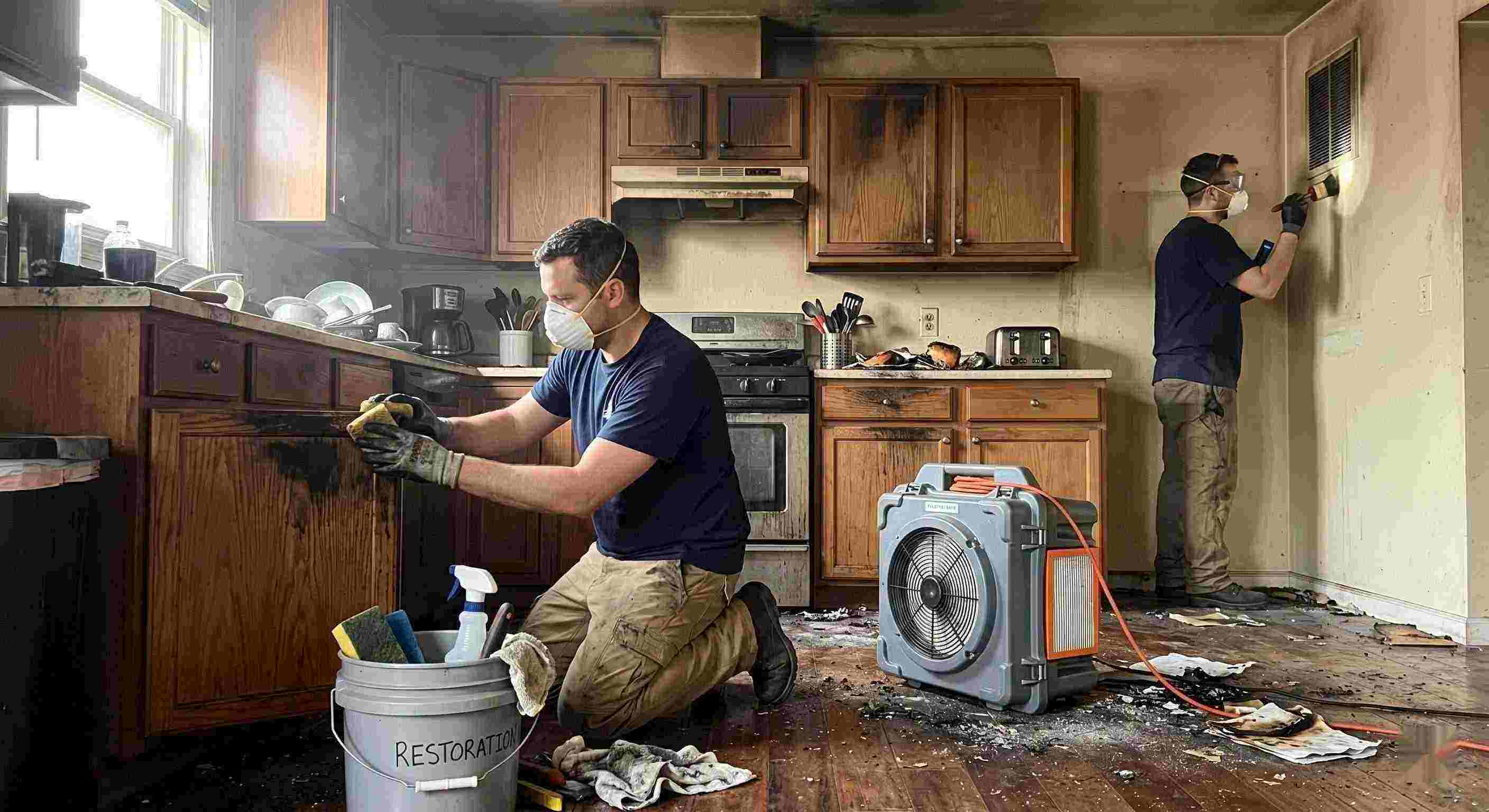 Technicians performing smoke damage removal in a home in Reno after a kitchen fire, cleaning soot and restoring indoor air quality.