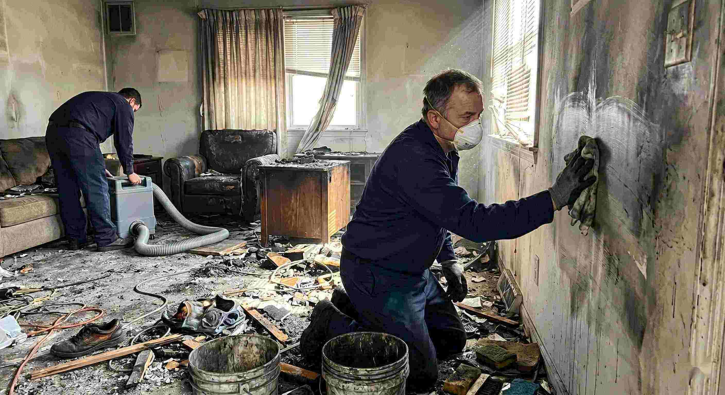 Technician performing soot removal in a fire-damaged home in Reno, carefully cleaning walls and surfaces covered in smoke residue and ash